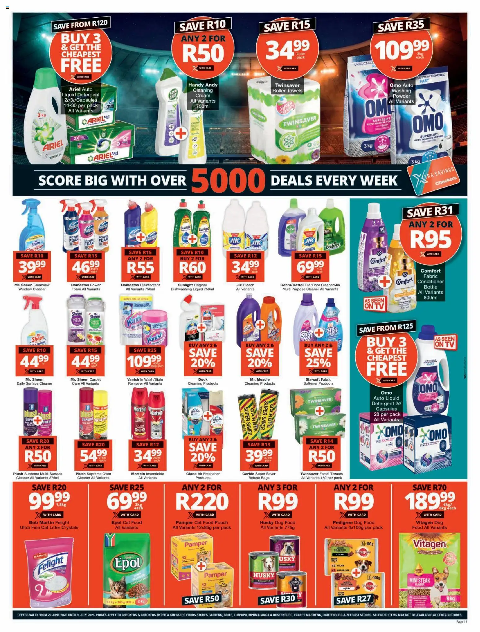 New Checkers catalogue – valid from 29/06/2026 | Page: 11 | Products: Powder, Conditioner, Cat food, Dog food