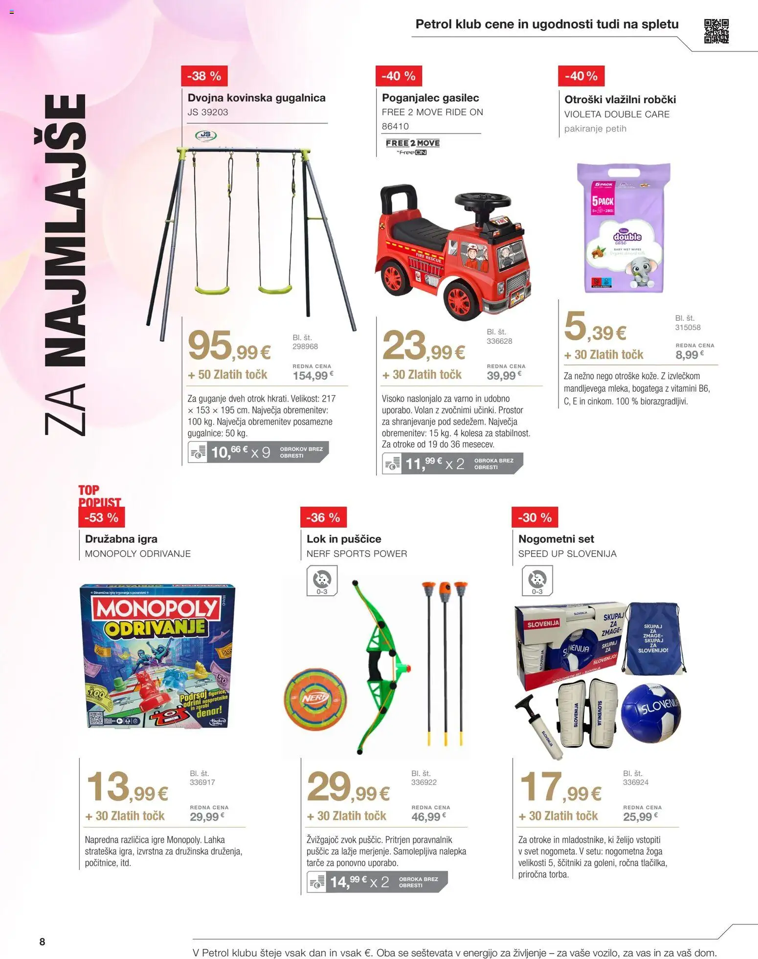 Novi Petrol katalog ponudbe – veljaven od 01.04.2026 | Stran: 8 | Izdelki: Igra, Robčki, Gugalnica, Ščitniki