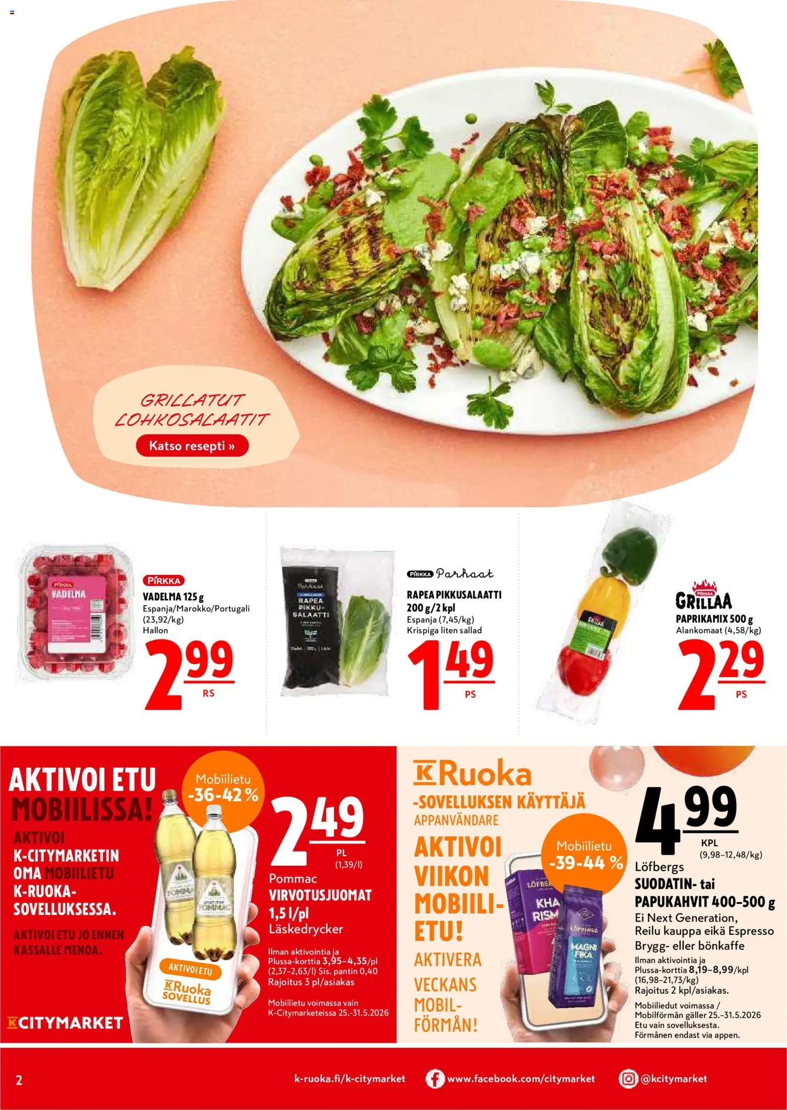 K-Citymarket tarjoukset – voimassa 28.05.2026 alkaen | Sivu: 2 | Tuotteet: Vadelma, Salaatti