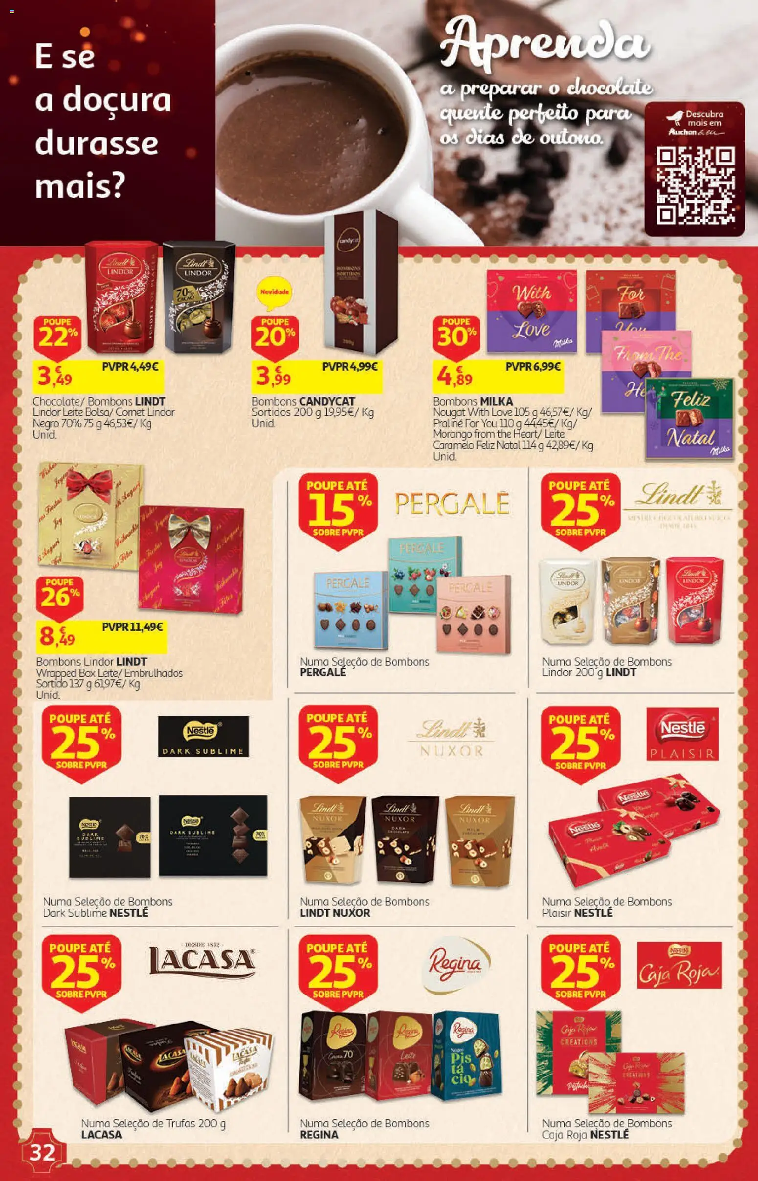 Auchan Presentes │ válido de 01/11/2026 | Página: 32 | Produtos: Lindt, Chocolate quente, Leite, Chocolate