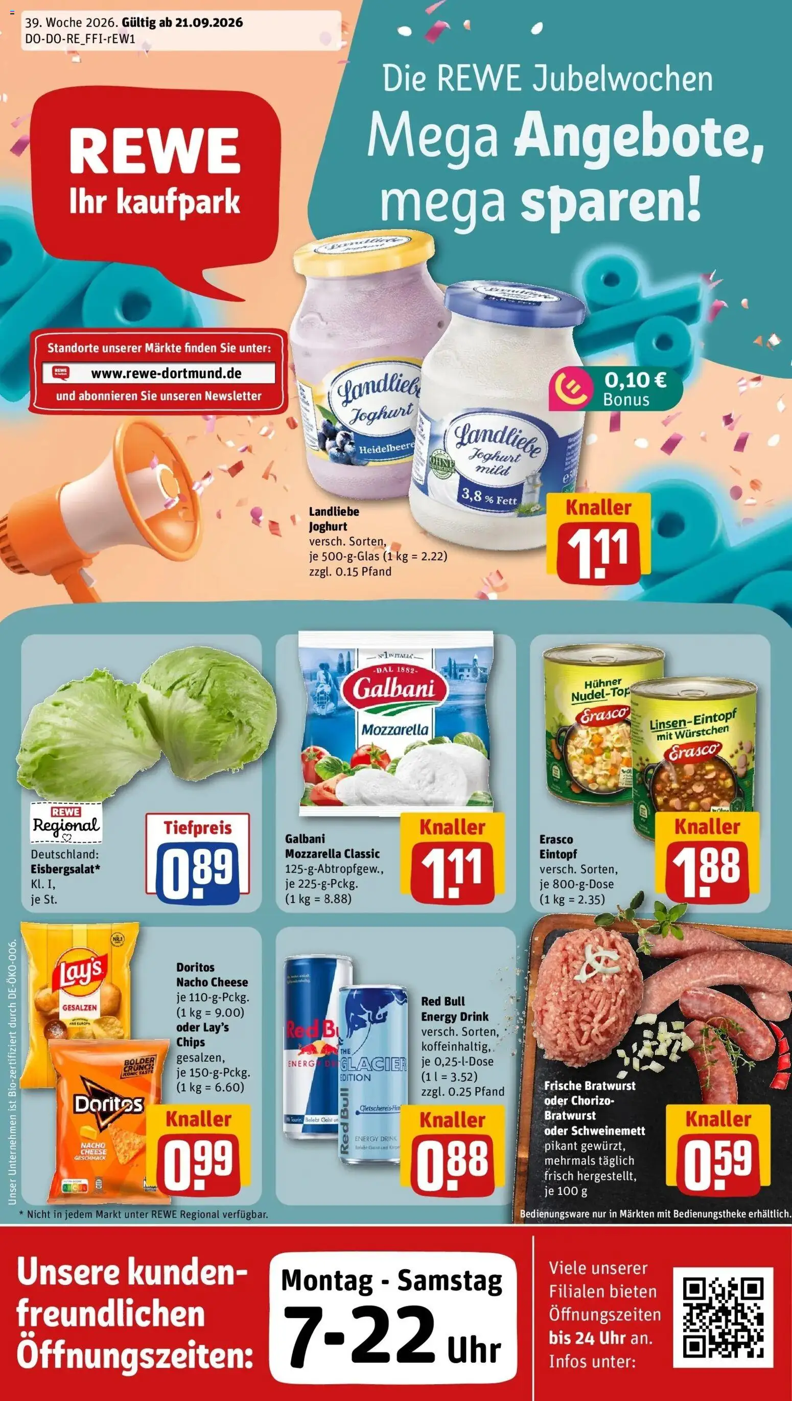 REWE Prospekt ab 21.09.2026 zum Blättern » Angebote | Seite: 1 | Produkte: Red bull, Energy, Joghurt, Erasco