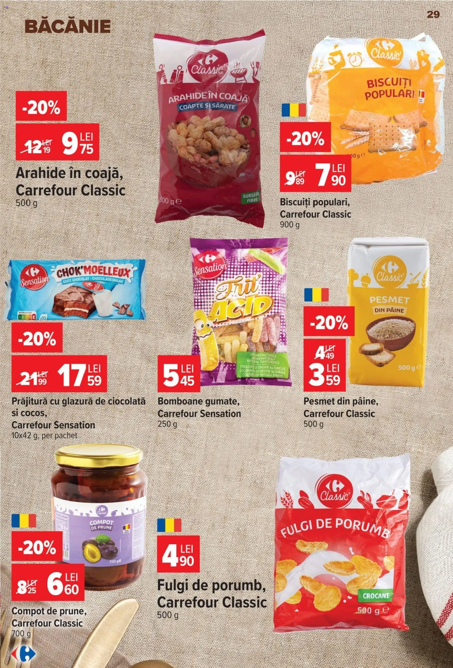 Noul catalog Carrefour – valabil de la 14.10.2026 | Pagină: 29 | Produse: Prăjitură, Arahide, Ciocolată, Biscuiți
