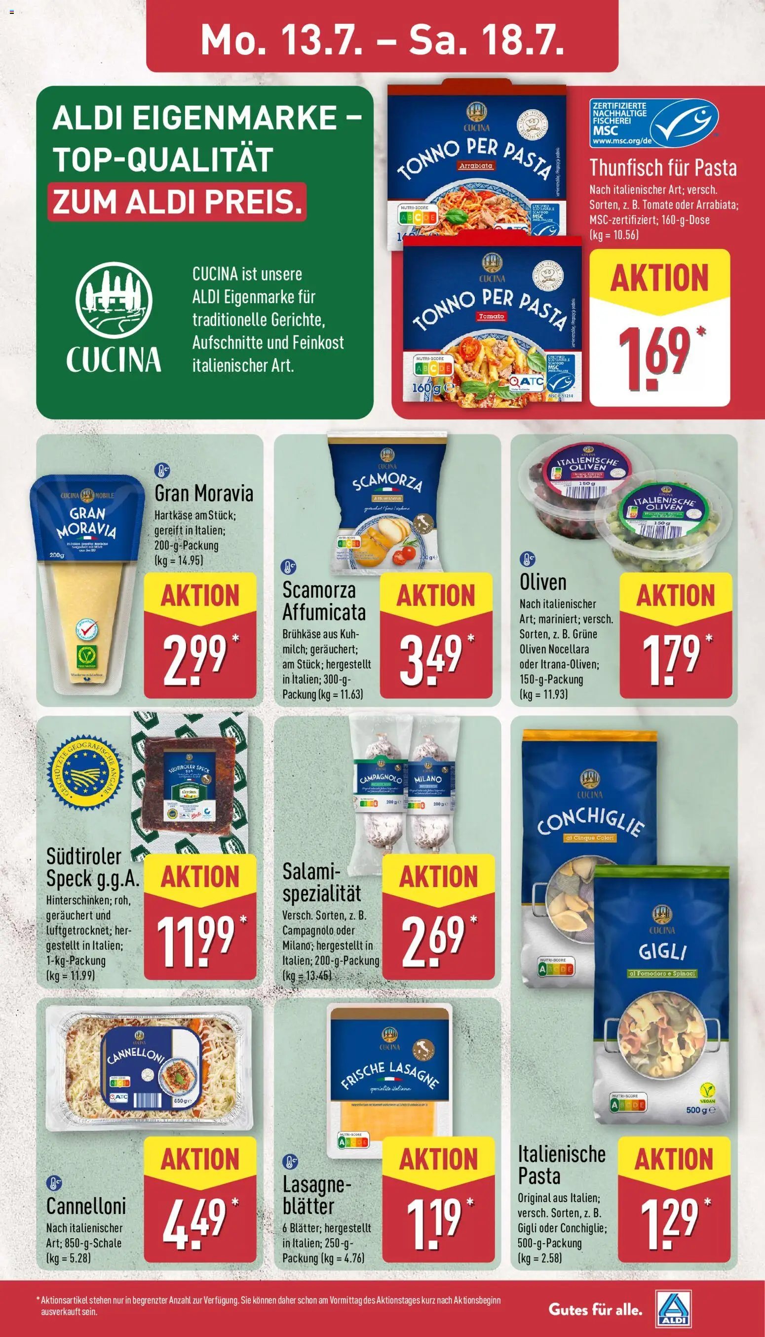 Aldi Prospekt – gültig ab 13.07.2026 | Seite: 11 | Produkte: Thunfisch, Lasagne, Pasta, Salami