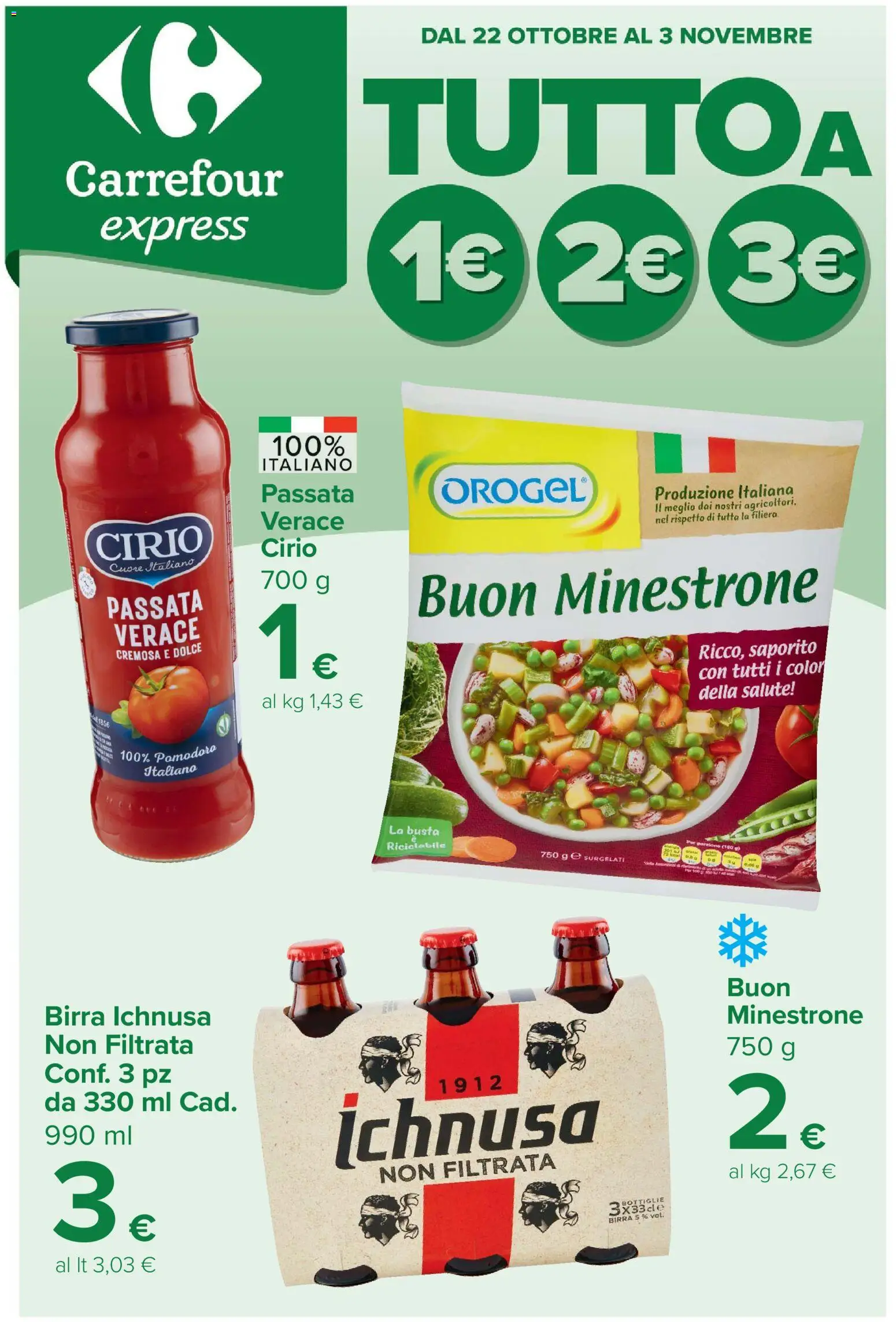 Volantino Carrefour del 22/10/2026 | Pagina: 1 | Prodotti: Minestrone, Birra, Pomodoro, Birra Ichnusa