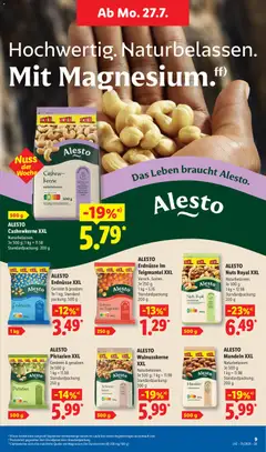 ALESTO Pistazien XXL, Geröstet & gesalzen. Je 500 g 1 kg = 11.98 Standardpackung: 250 g ab 27.07.2026 gültig | Seite: 19 | Produkte: Erdnüsse, Mandeln, Pistazien, Paprika