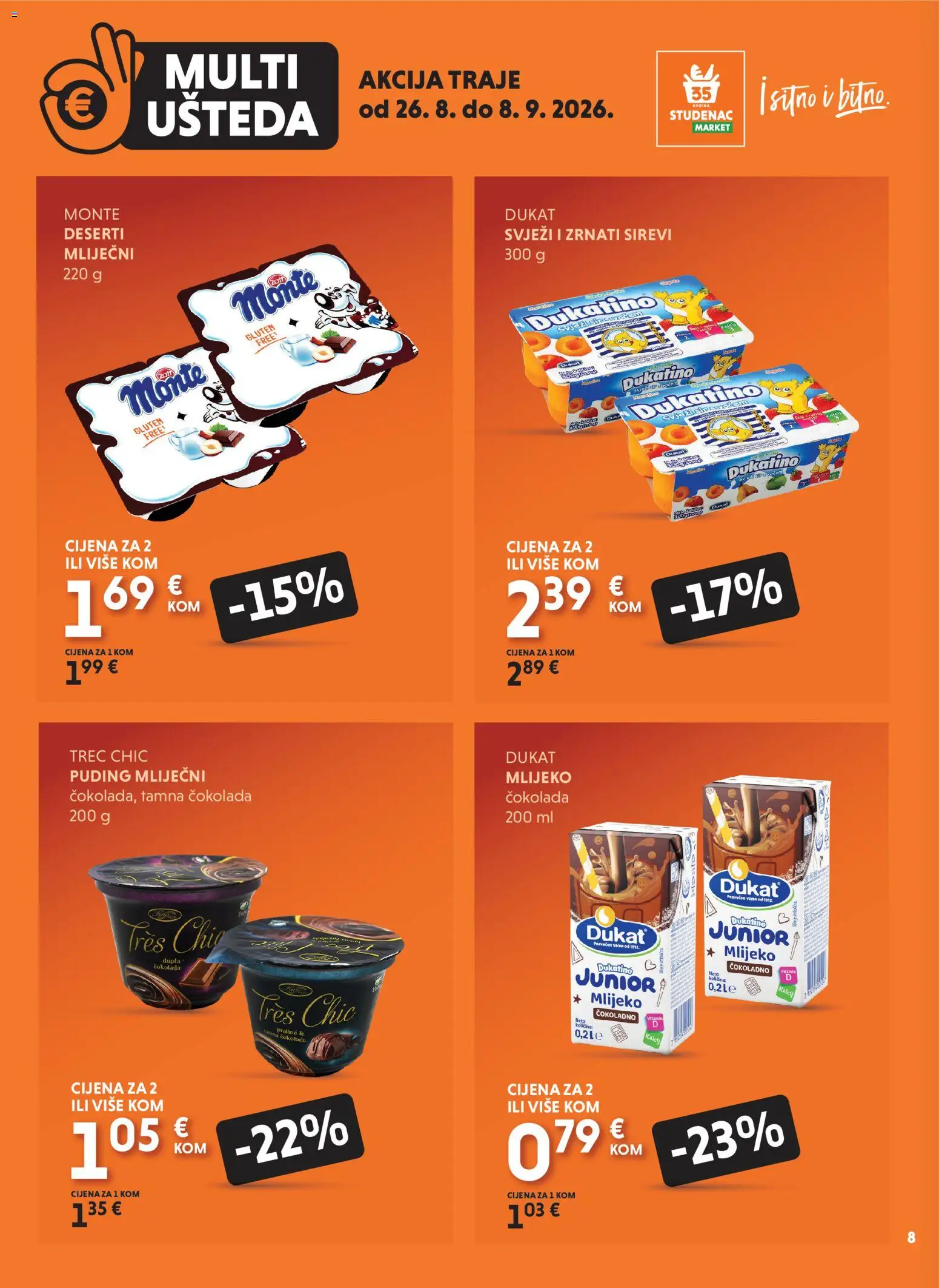 Studenac katalog | vrijedi od 26.08.2026 | Stranica: 8 | Proizvodi: Mlijeko, Puding, Deserti, Tamna čokolada