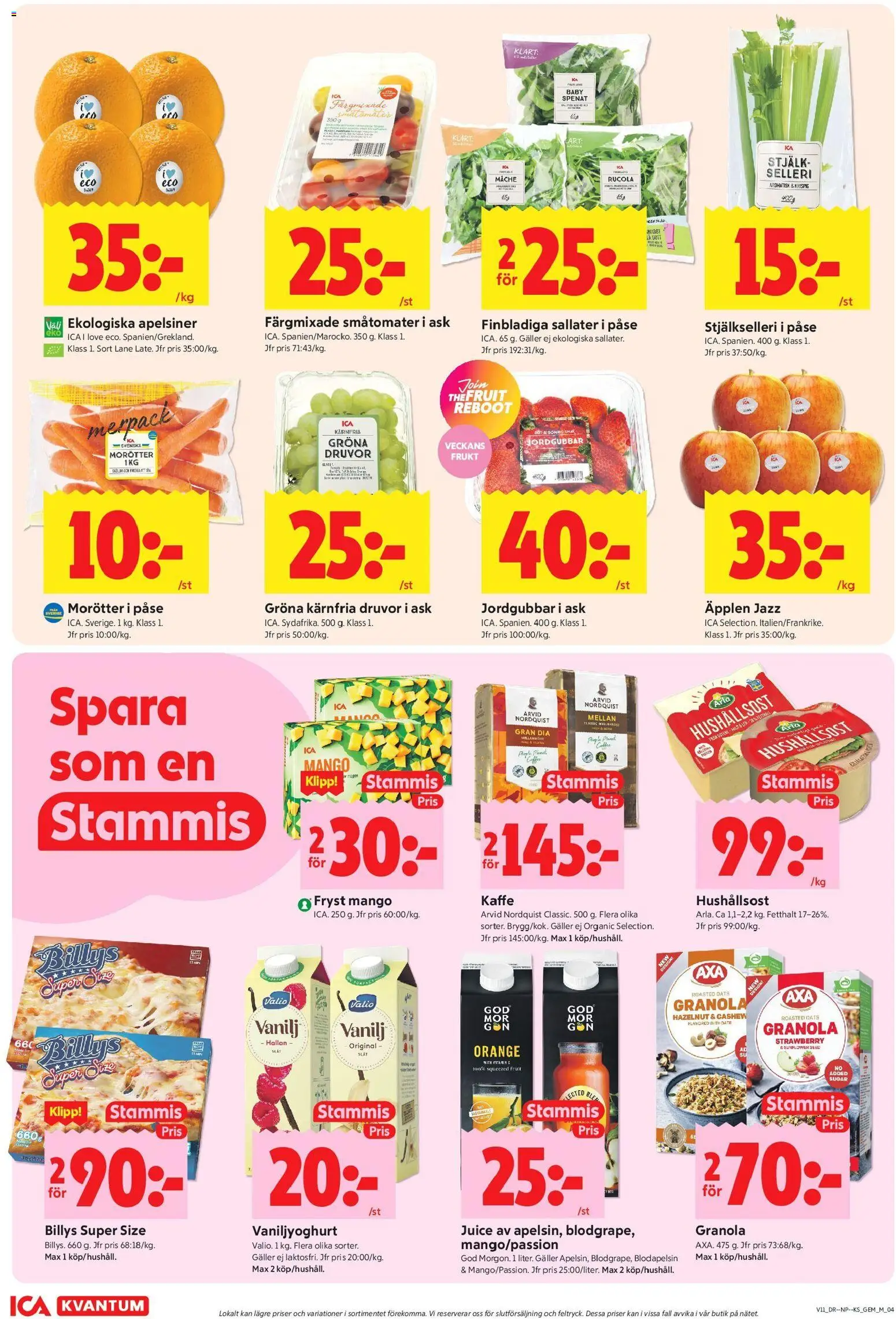 ICA Kvantum reklamblad aktuell från 09.03.2026 | Sida: 4 | Produkter: Spenat, Kaffe, Äpplen, Mango