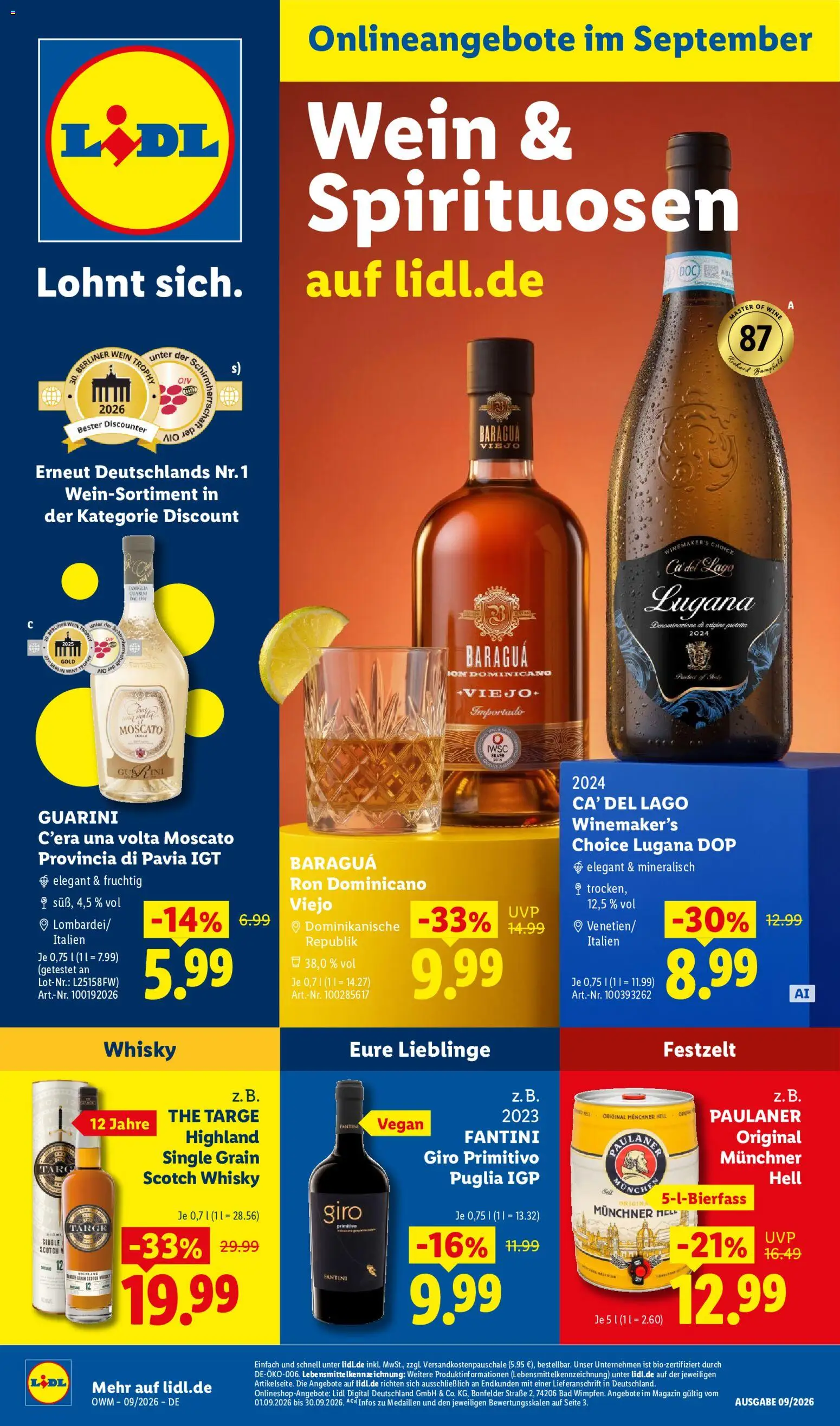 Lidl Německo leták - Wein & Spirituosen od 01.09.2026 | Strana: 1 | Produkty: Vegan, Moscato, Whisky, Primitivo