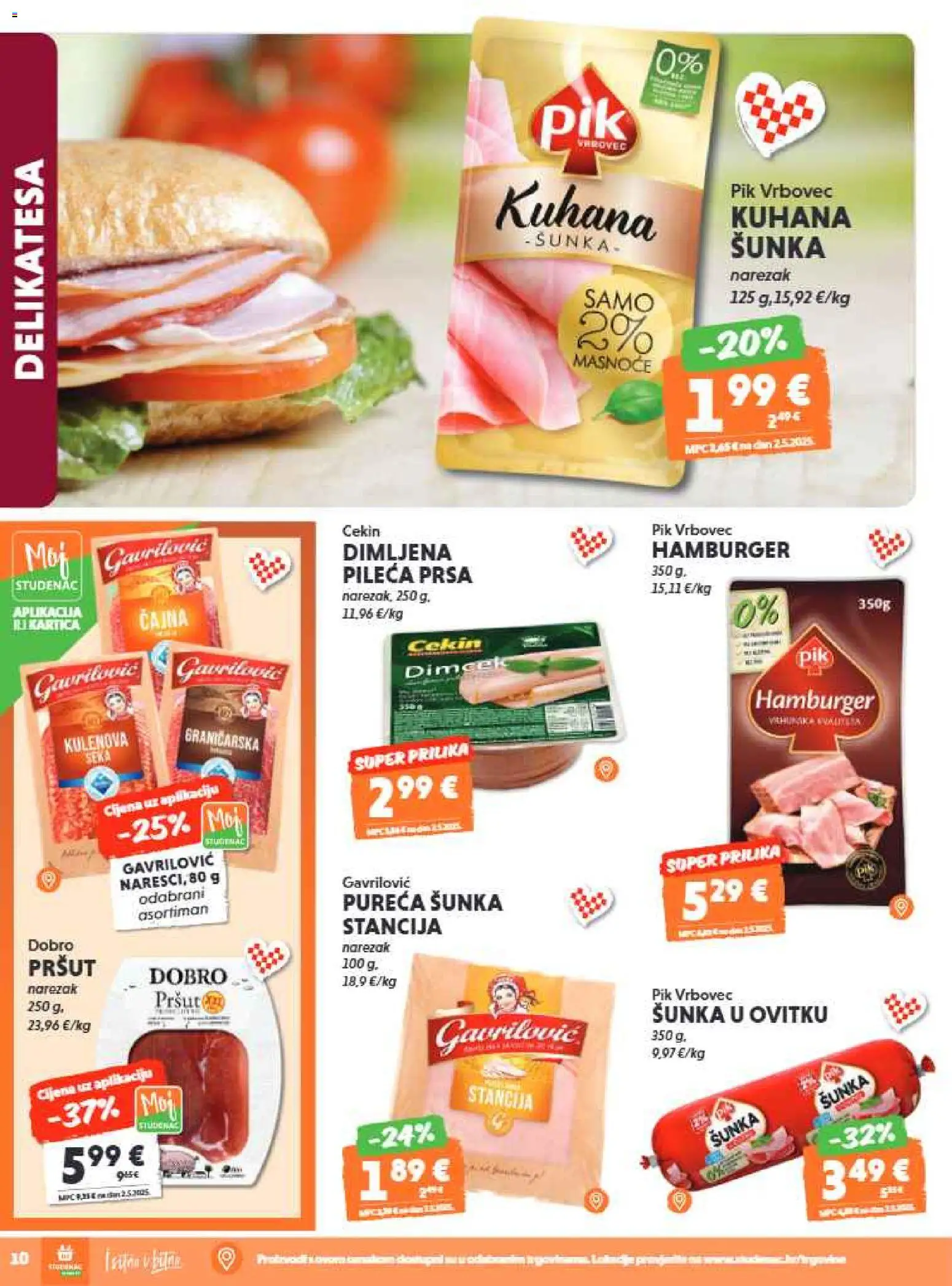 Studenac katalog | vrijedi od 29.07.2026 | Stranica: 10 | Proizvodi: Pršut, Narezak, Hamburger, Pileća prsa