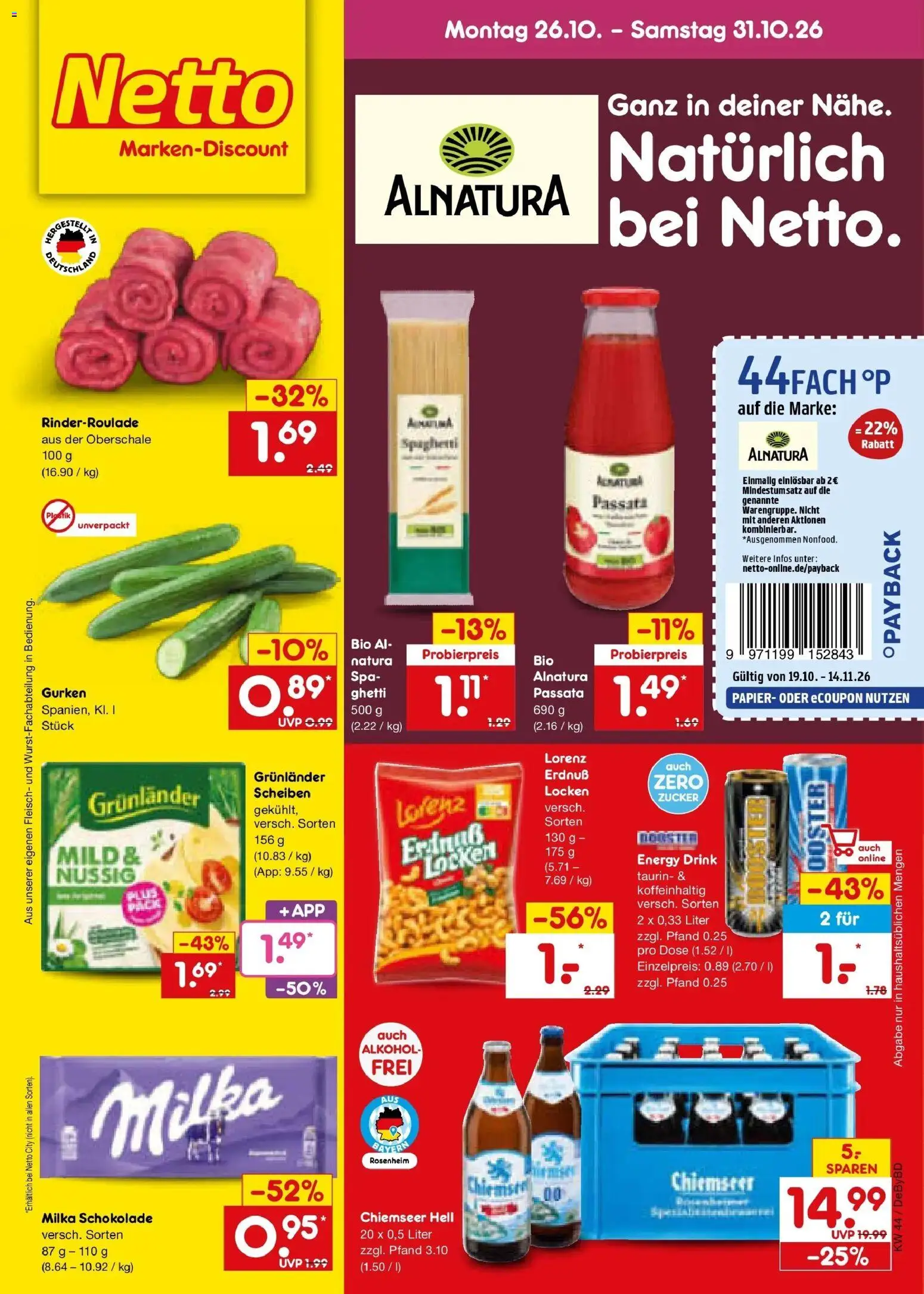 Netto Marken-Discount Prospekt Buttenwiesen – gültig ab 26.10.2026 | Seite: 1 | Produkte: Energy, Spaghetti, Fleisch, Gurken