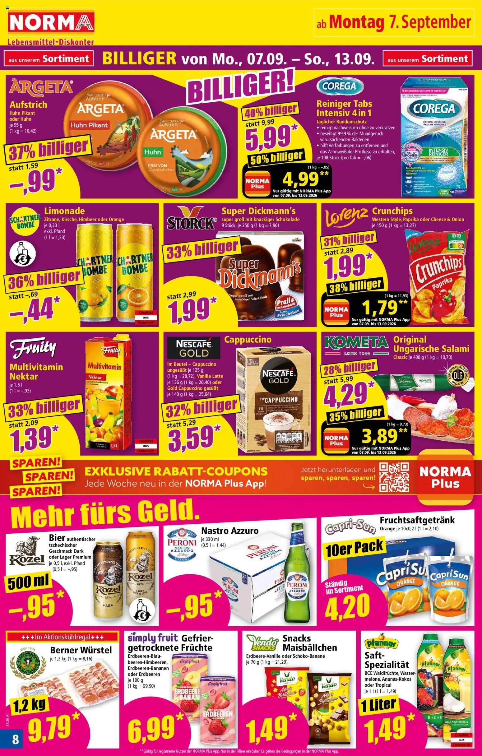 Norma Flugblatt gültig ab 07.09.2026 | Seite: 8 | Produkte: Schokolade, Salami, Bier, Multivitamin