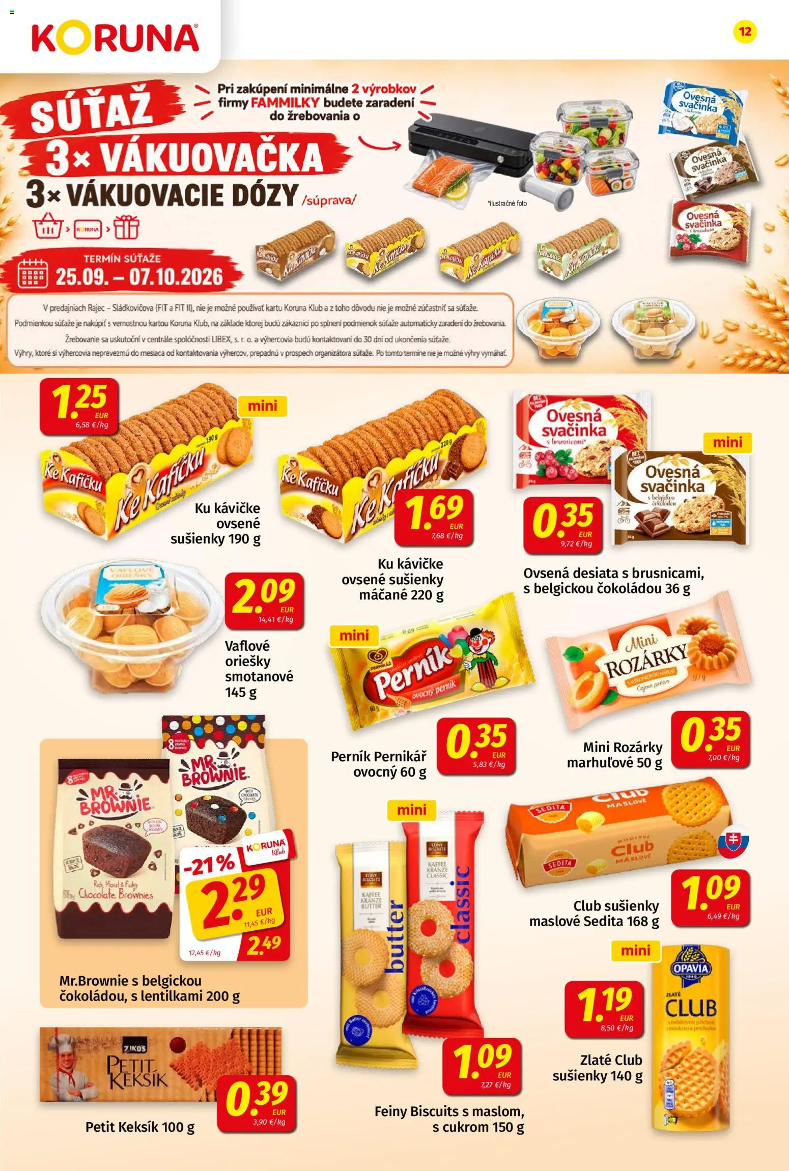 Nové Koruna akcie – leták je platný od 25.09.2026 | Strana: 12 | Produkty: Vákuovačka, Oriešky, Brownies