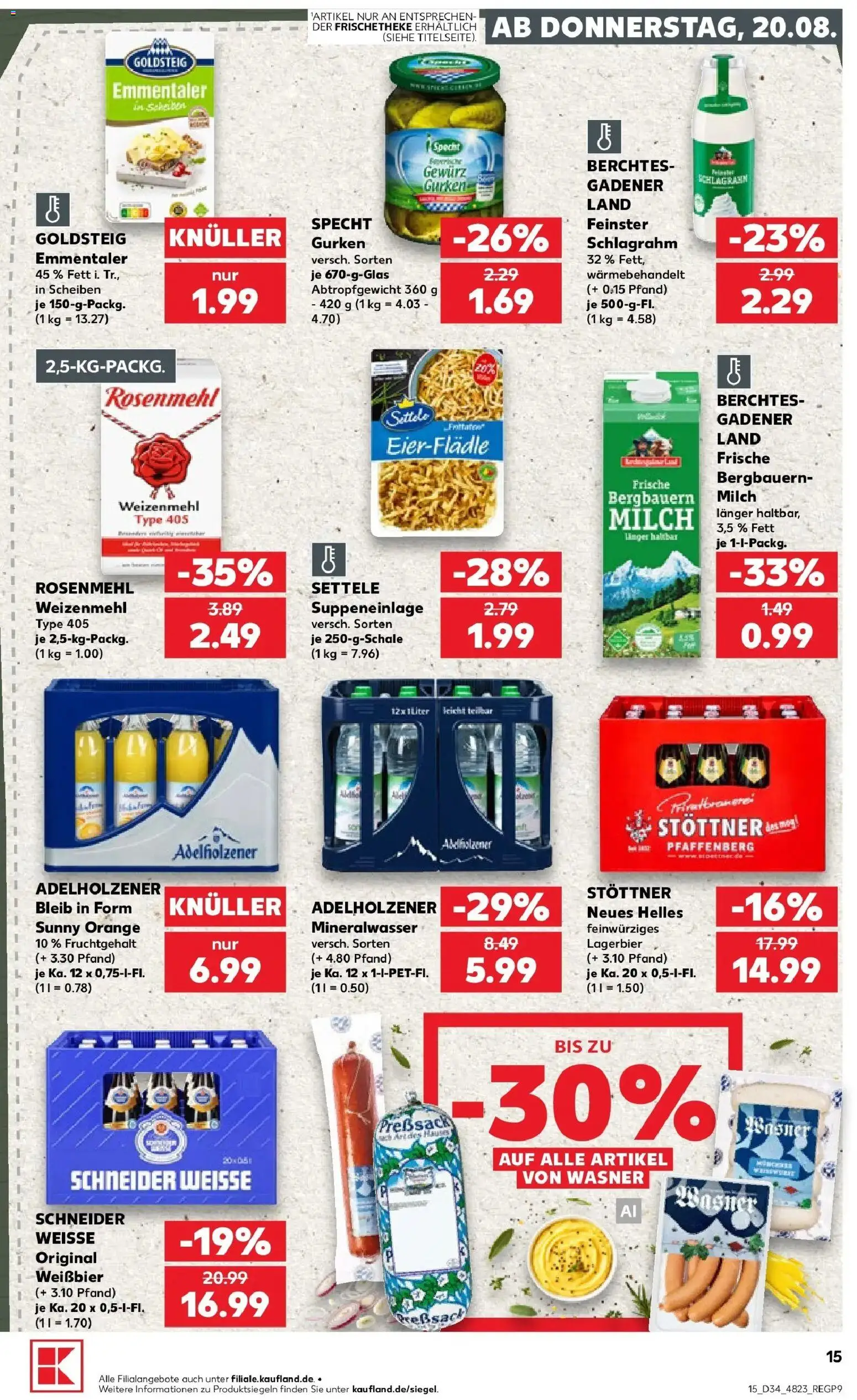 Prospekt Kaufland ab 20.08.2026 » Angebote Online zum Blättern | Seite: 15 | Produkte: Milch, Adelholzener, Weizenmehl, Mineralwasser