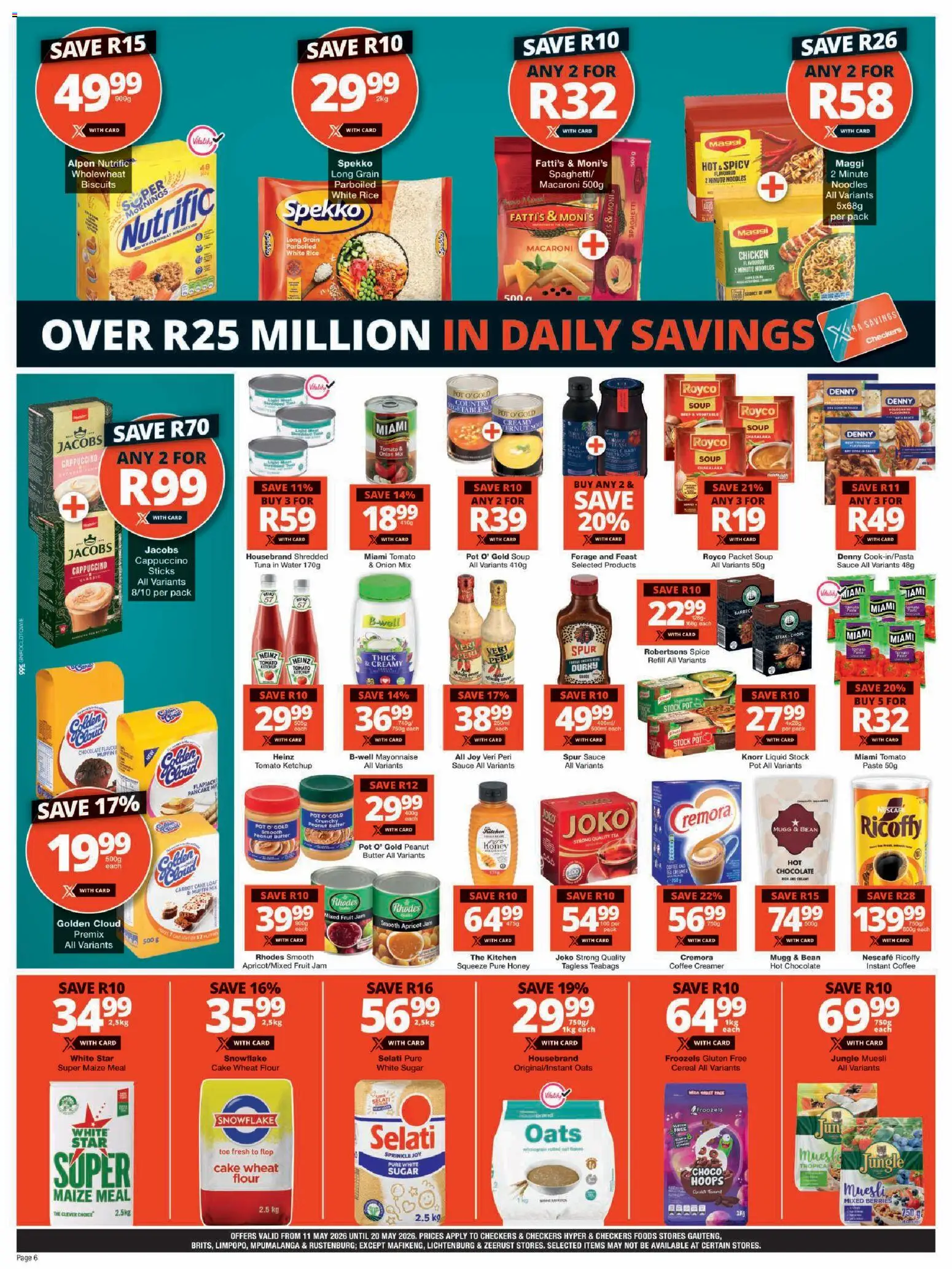 New Checkers catalogue – valid from 11.05.2026 | Page: 6 | Products: Tuna, Maize meal, Rice, Tea