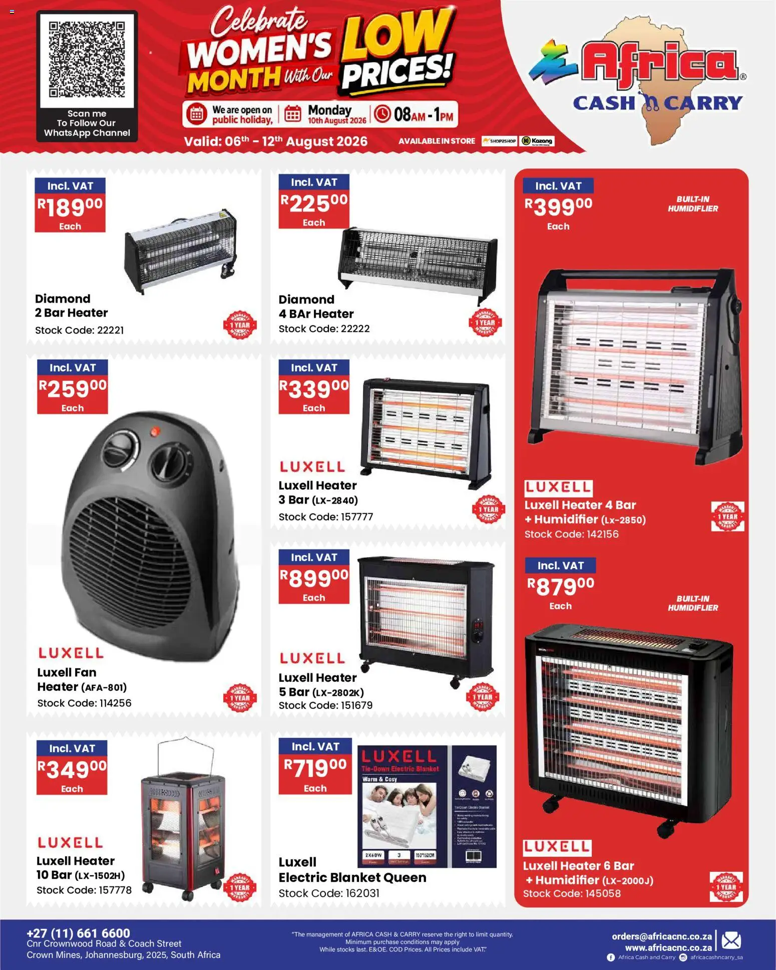 New Africa Cash & Carry catalogue – valid from 06/08/2026 | Page: 38 | Products: Fan heater, Blanket, Heater, Stock