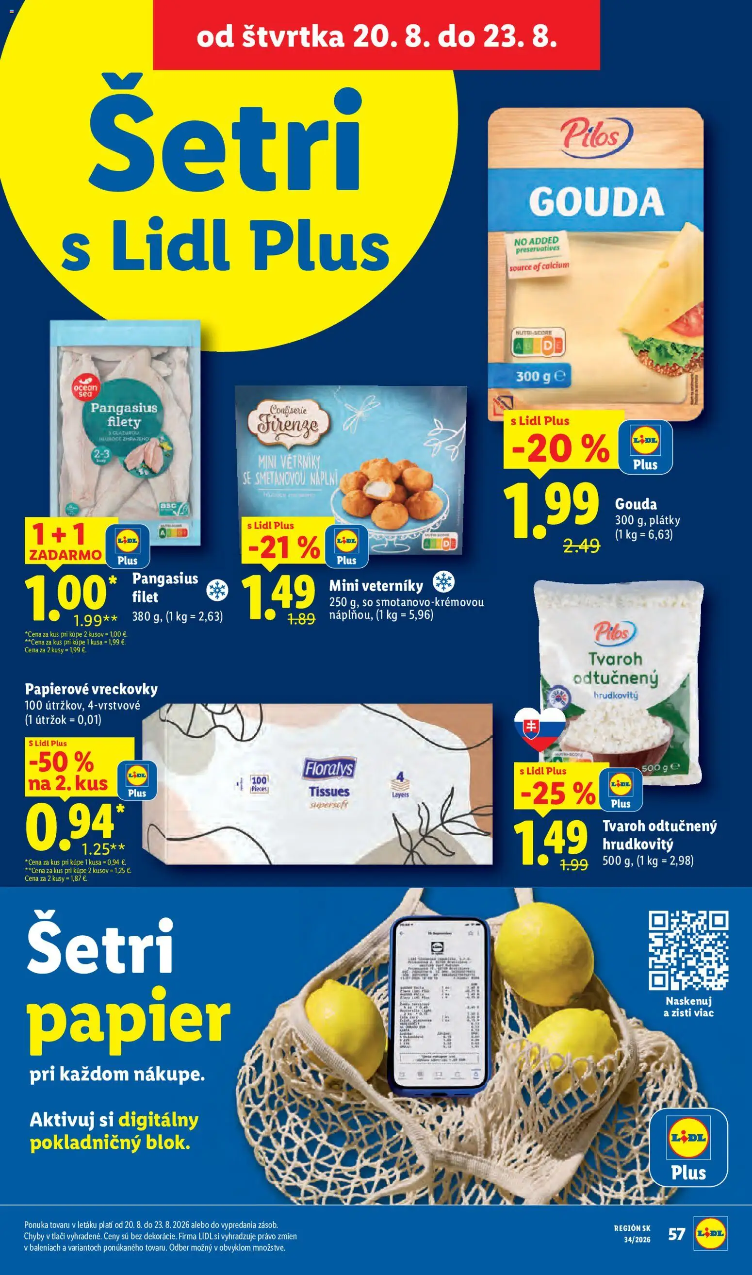Nové Lidl akcie – leták je platný od 17.08.2026 | Strana: 73 | Produkty: Odtučnený tvaroh, Vreckovky, Tvaroh, Papierové vreckovky