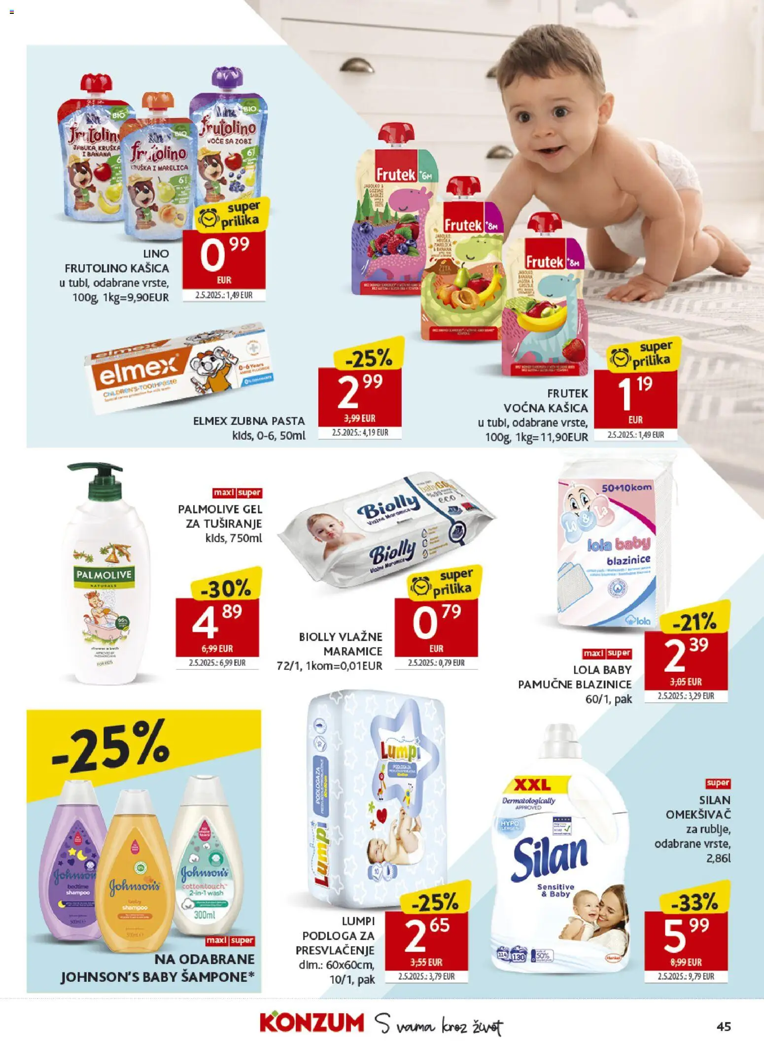 Konzum katalog | vrijedi od 13.05.2026 | Stranica: 45 | Proizvodi: Vlažne maramice, Omekšivač, Kruška, Pasta