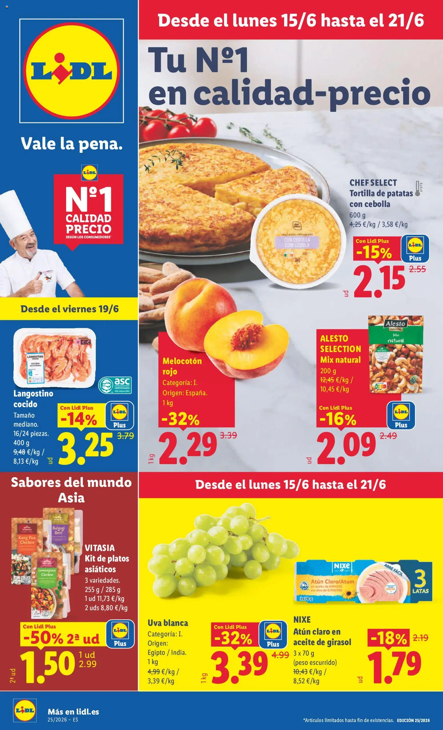 Lidl folleto Baleares │ válido desde el 15.06.2026 | Página: 1 | Productos: Aceite, Melocotón rojo, Peso, Langostino