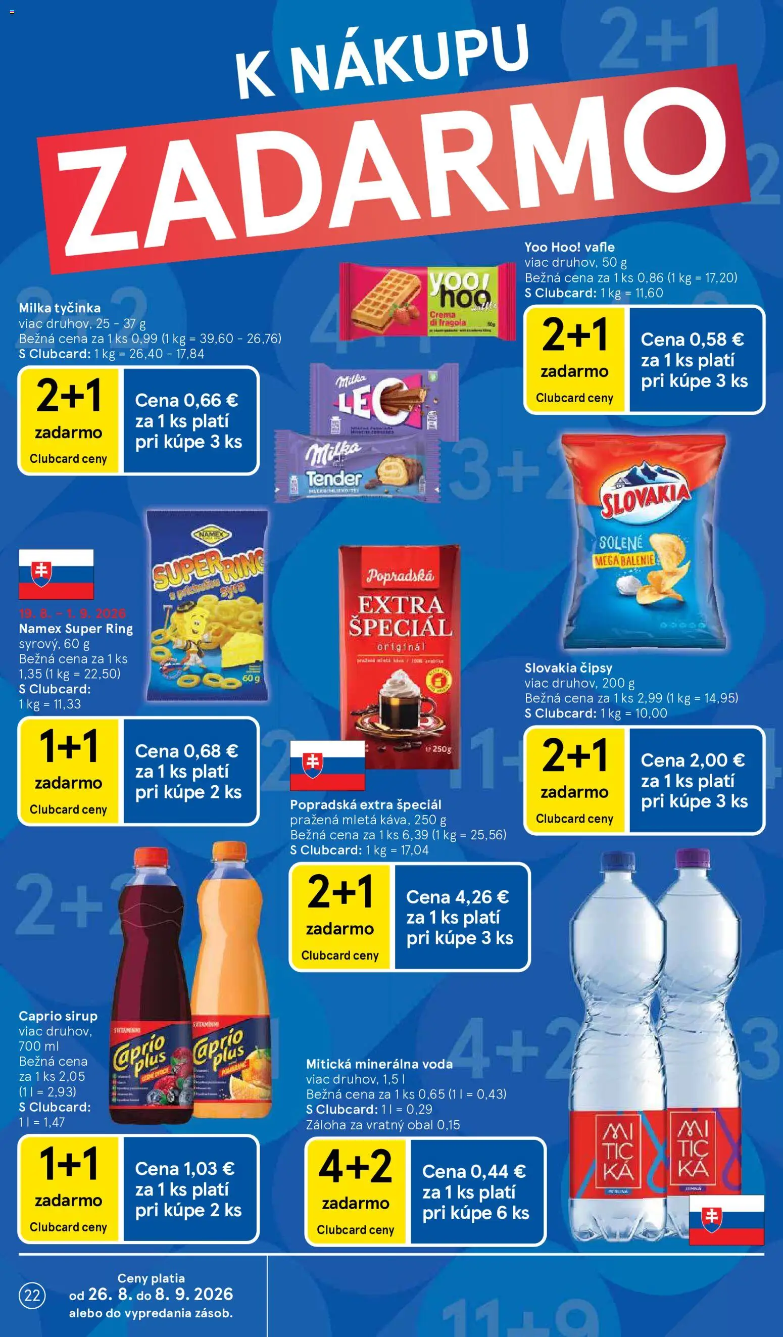 Nové Tesco akcie – leták je platný od 26.08.2026 | Strana: 22 | Produkty: Milka, Voda, Mitická, Vafle