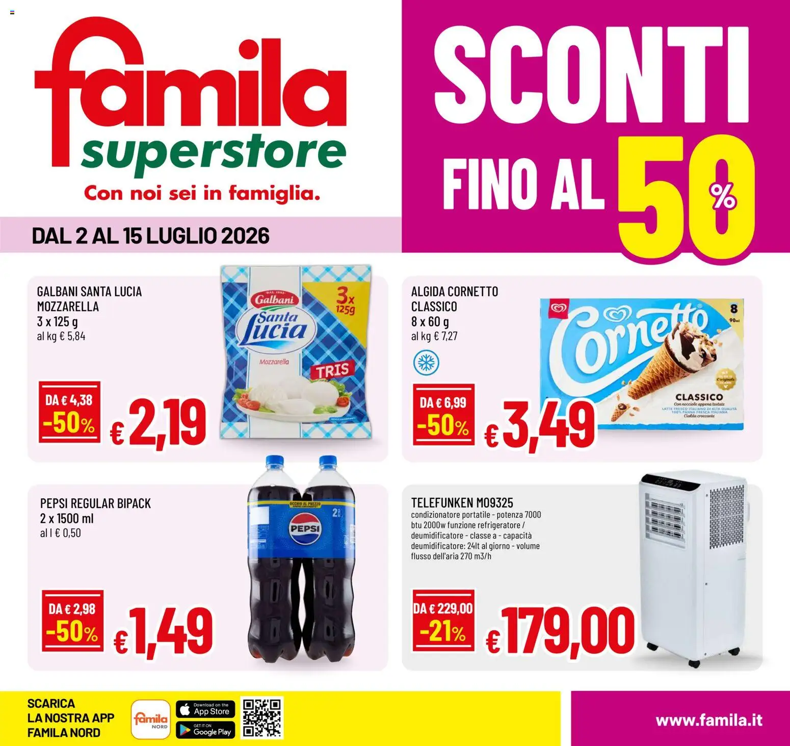 Volantino Famila del 02/07/2026 | Pagina: 1 | Prodotti: Deumidificatore, Panna, Condizionatore, Pepsi