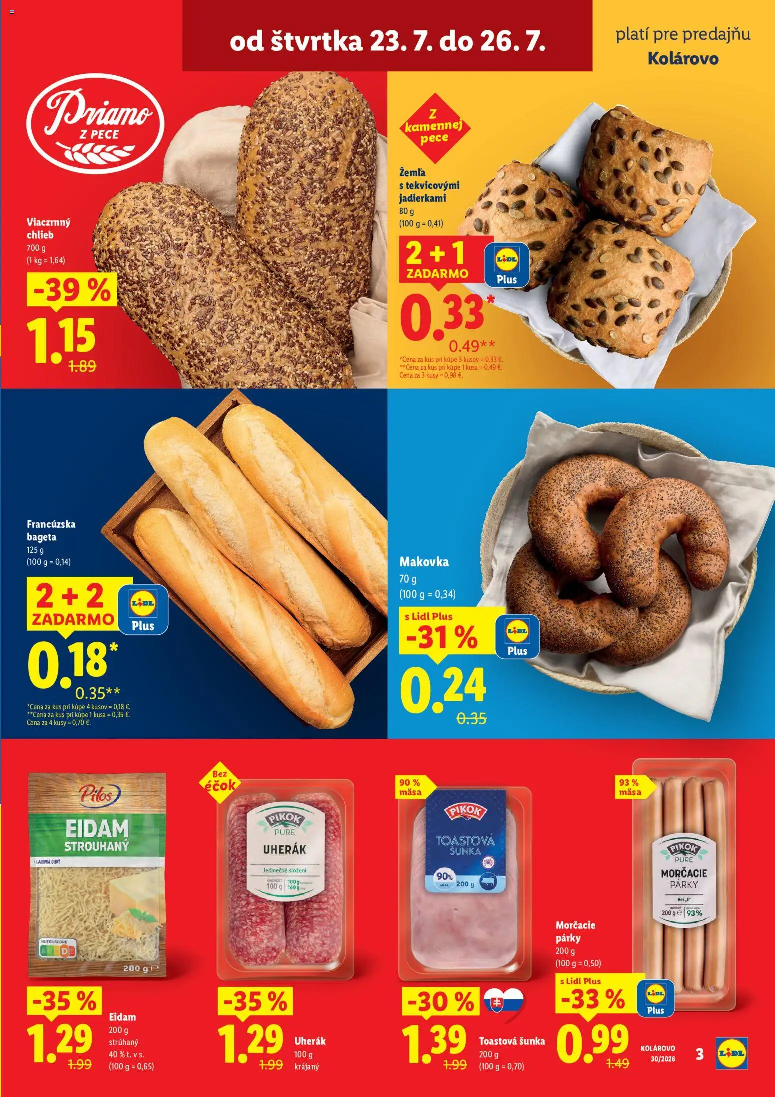 Nové Lidl akcie – leták je platný od 23.07.2026 | Strana: 3 | Produkty: Chlieb, Eidam, Makovka, Párky