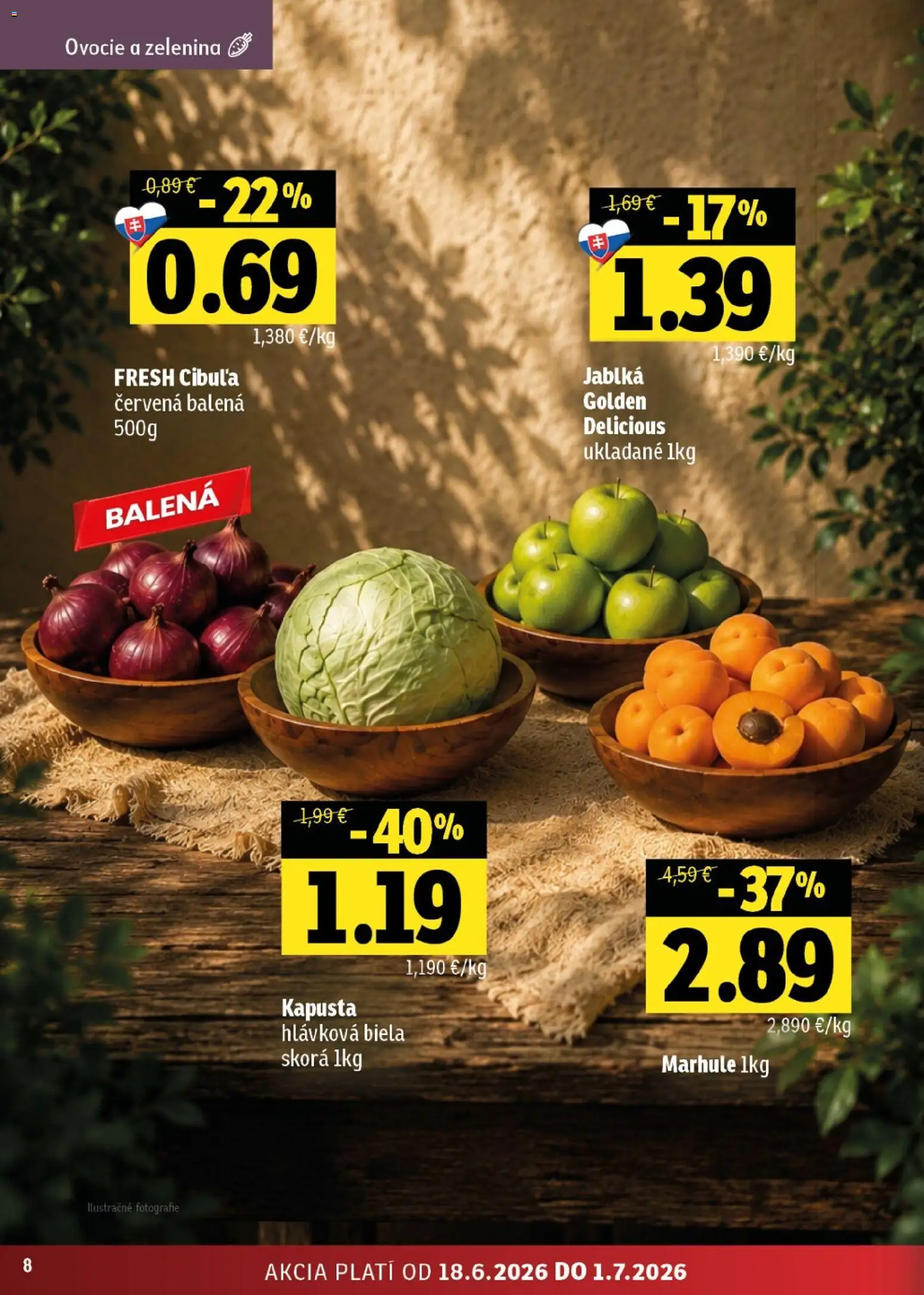 Nové Fresh akcie – leták je platný od 18.06.2026 | Strana: 8 | Produkty: Kapusta, Jablká, Marhule, Ovocie