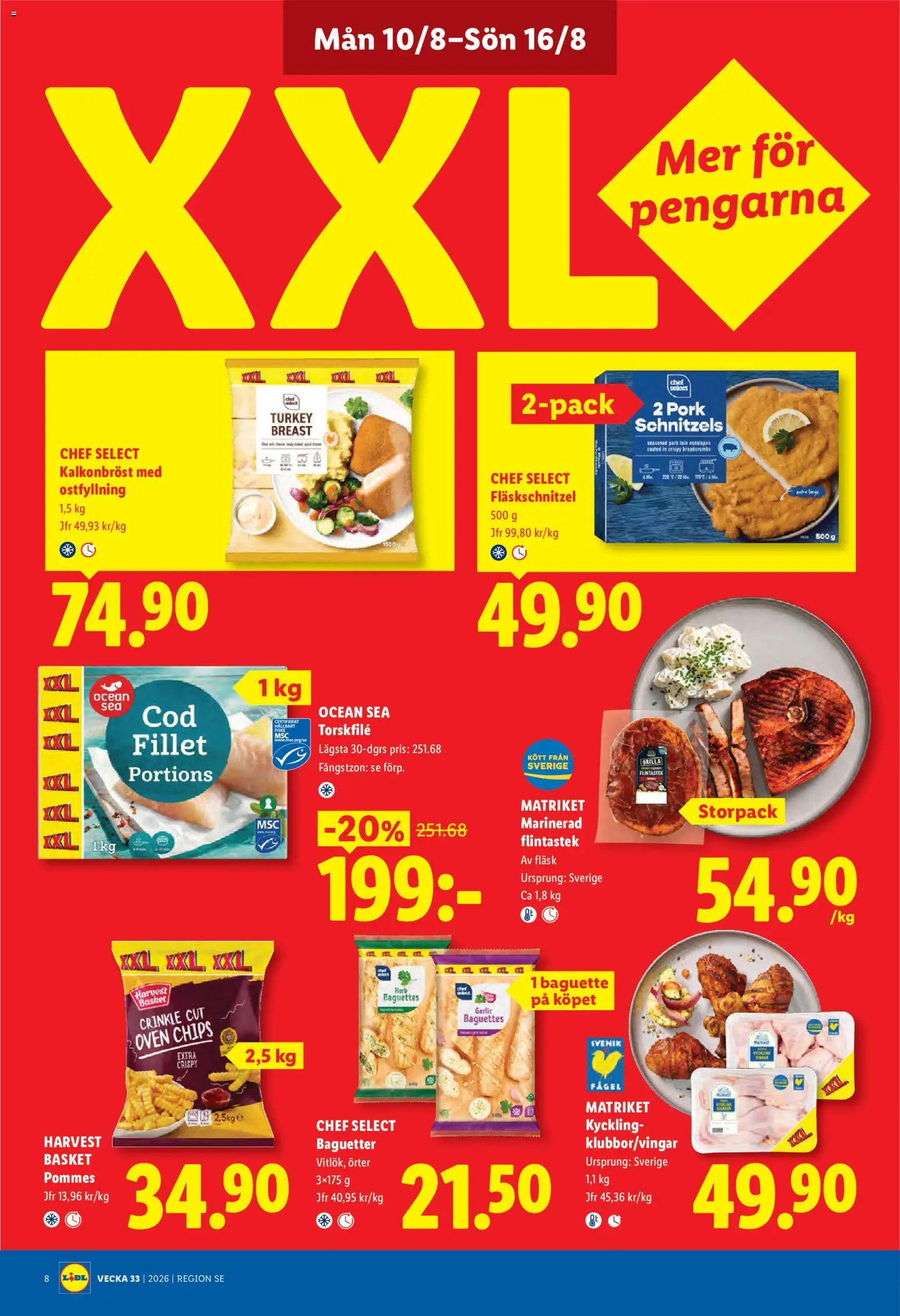 Lidl reklamblad aktuell från 10/08/2026 | Sida: 8 | Produkter: Baguette, Torskfile, Chips, Fläsk
