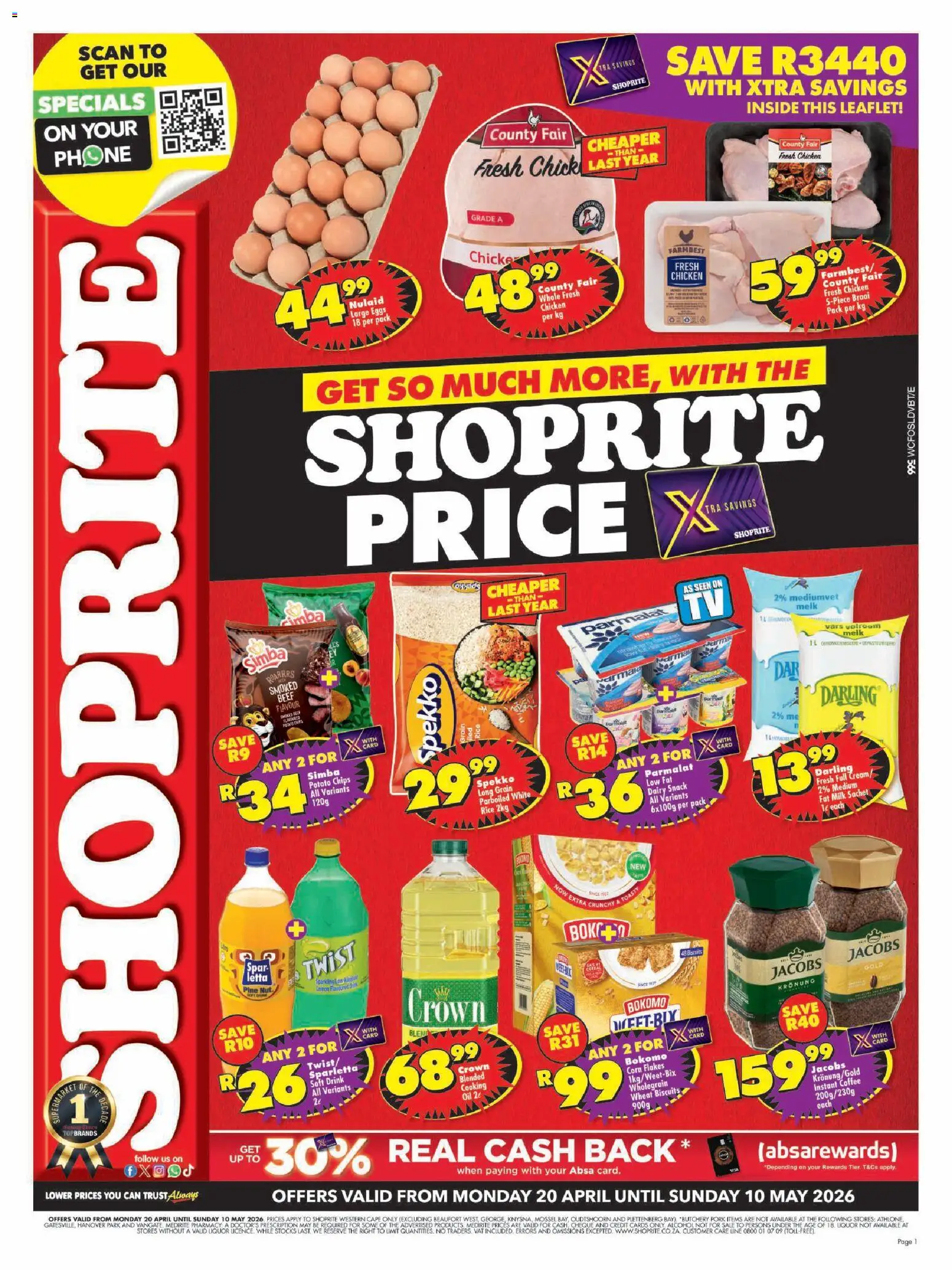 New Shoprite catalogue – valid from 20.04.2026 | Page: 1 | Products: Milk, Biscuits, Beef, Chips
