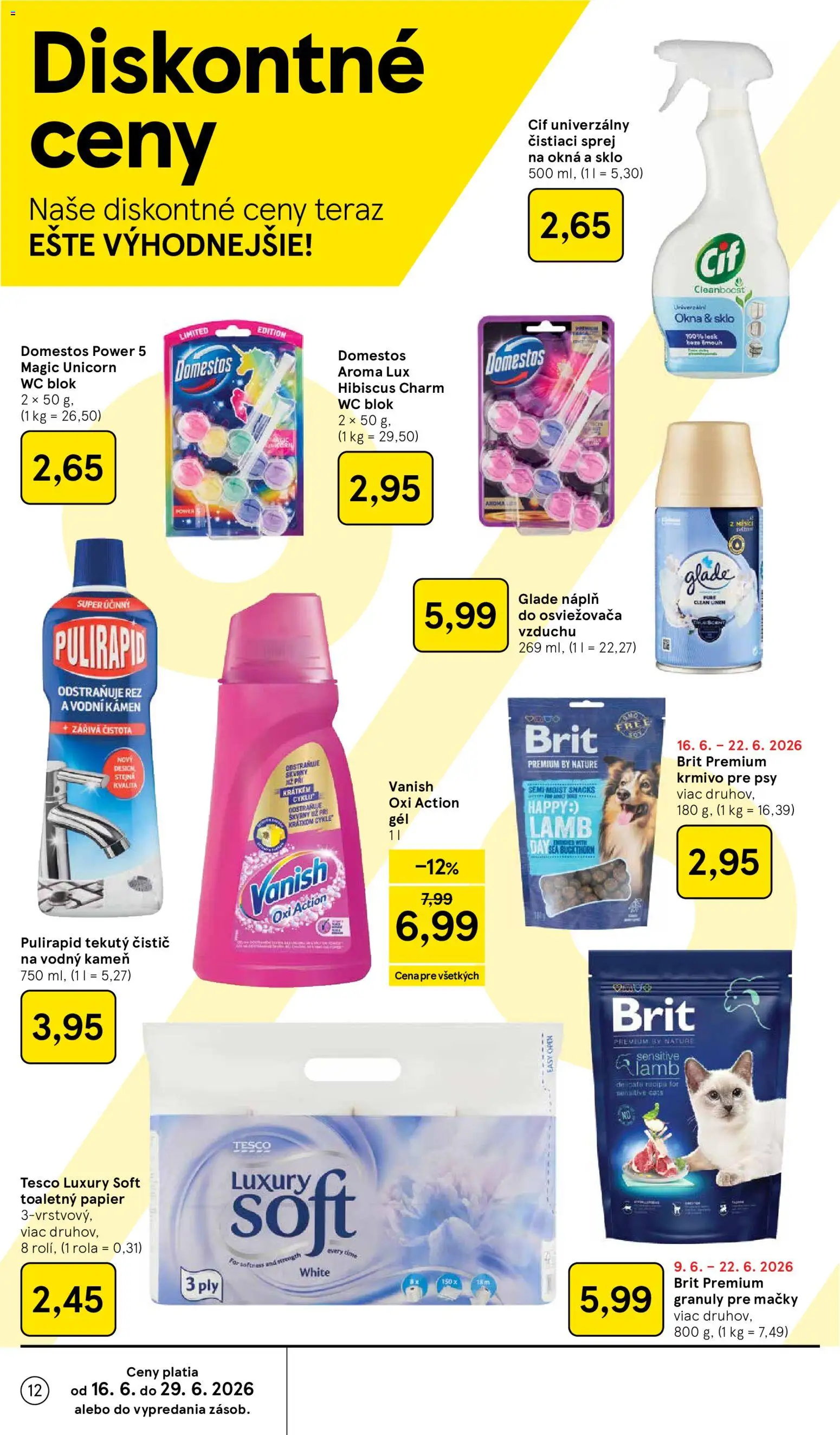 Nové Tesco akcie – leták je platný od 17.06.2026 | Strana: 12 | Produkty: Granule pre mačky, Wc, Cif, Domestos