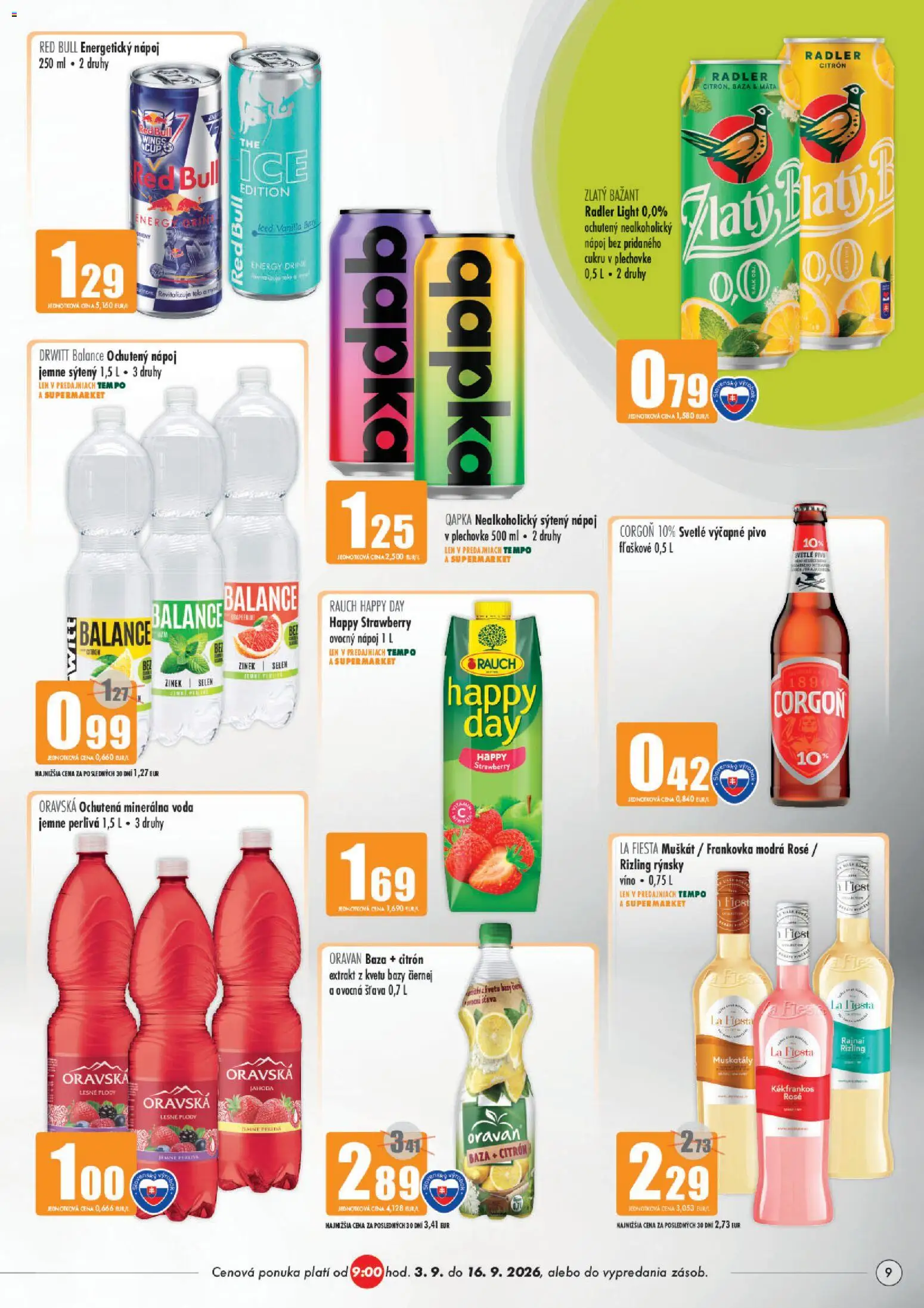 Nové COOP Jednota akcie – leták je platný od 03.09.2026 | Strana: 9 | Produkty: Radler, Zlatý Bažant, Voda, Energetický nápoj