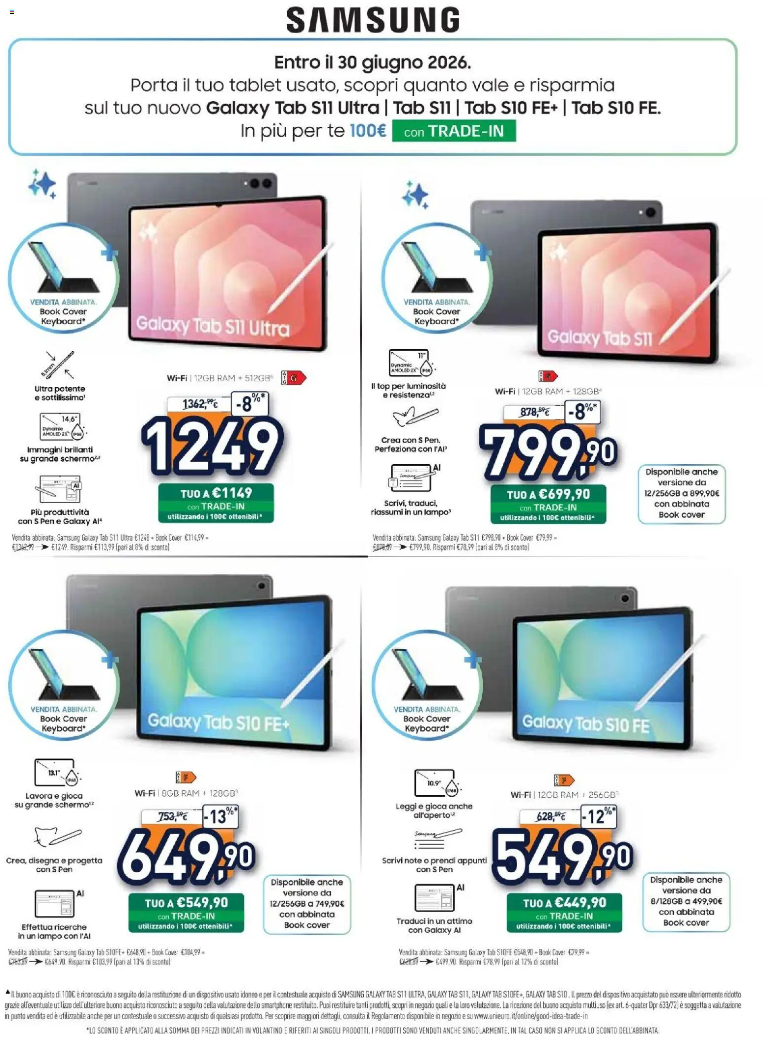 Volantino Unieuro del 26/06/2026 | Pagina: 37 | Prodotti: Samsung Galaxy, Tè, Top, Tablet