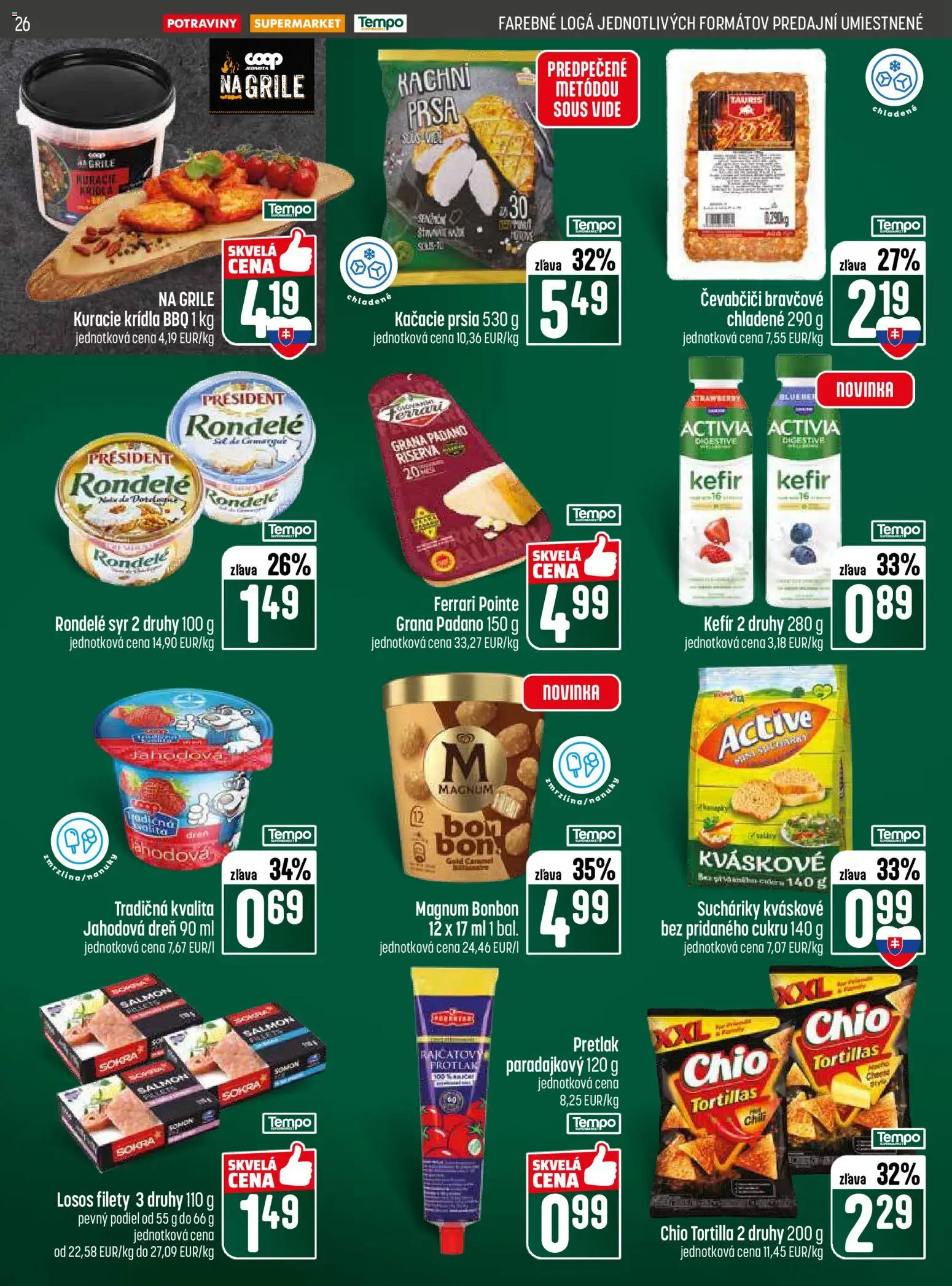 Nové COOP Jednota akcie – leták je platný od 07.05.2026 | Strana: 26 | Produkty: Syr, Kačacie prsia, Losos, Magnum