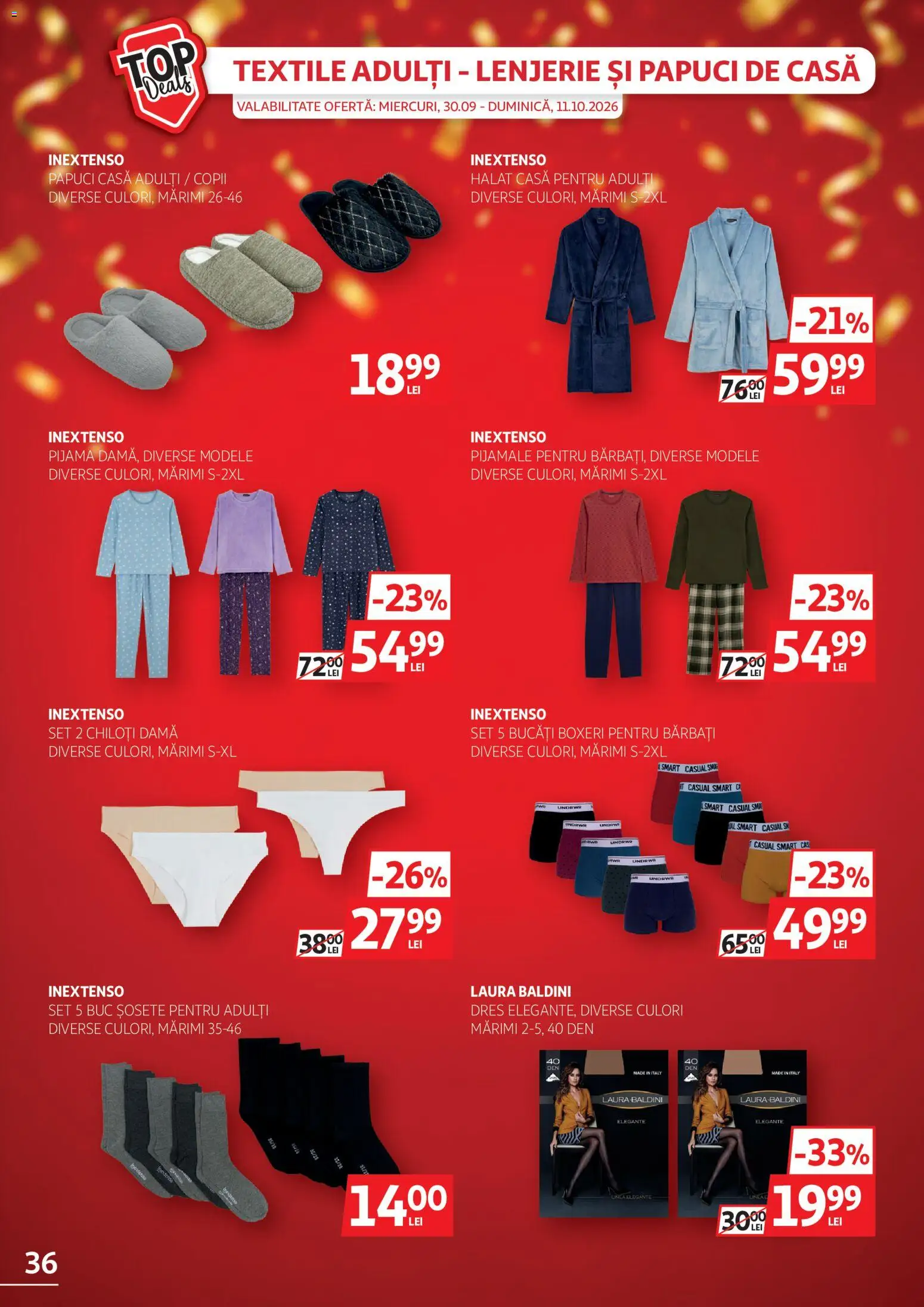 Noul catalog Auchan – valabil de la 30.09.2026 | Pagină: 36 | Produse: Papuci de casă, Pijamă, Șosete, Papuci