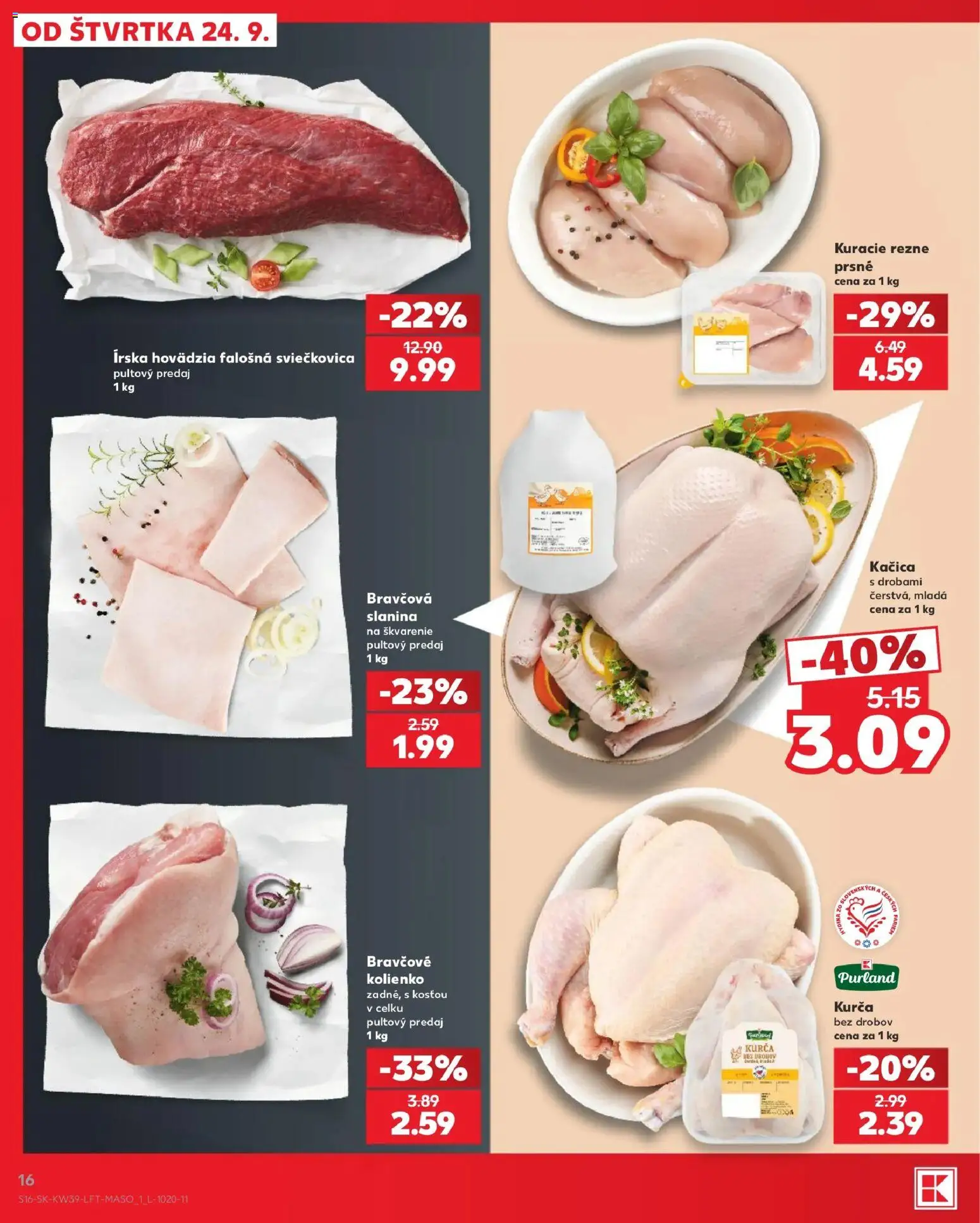 Nové Kaufland akcie – leták je platný od 24.09.2026 | Strana: 16 | Produkty: Slanina, Kačica, Kuracie rezne, Kurča
