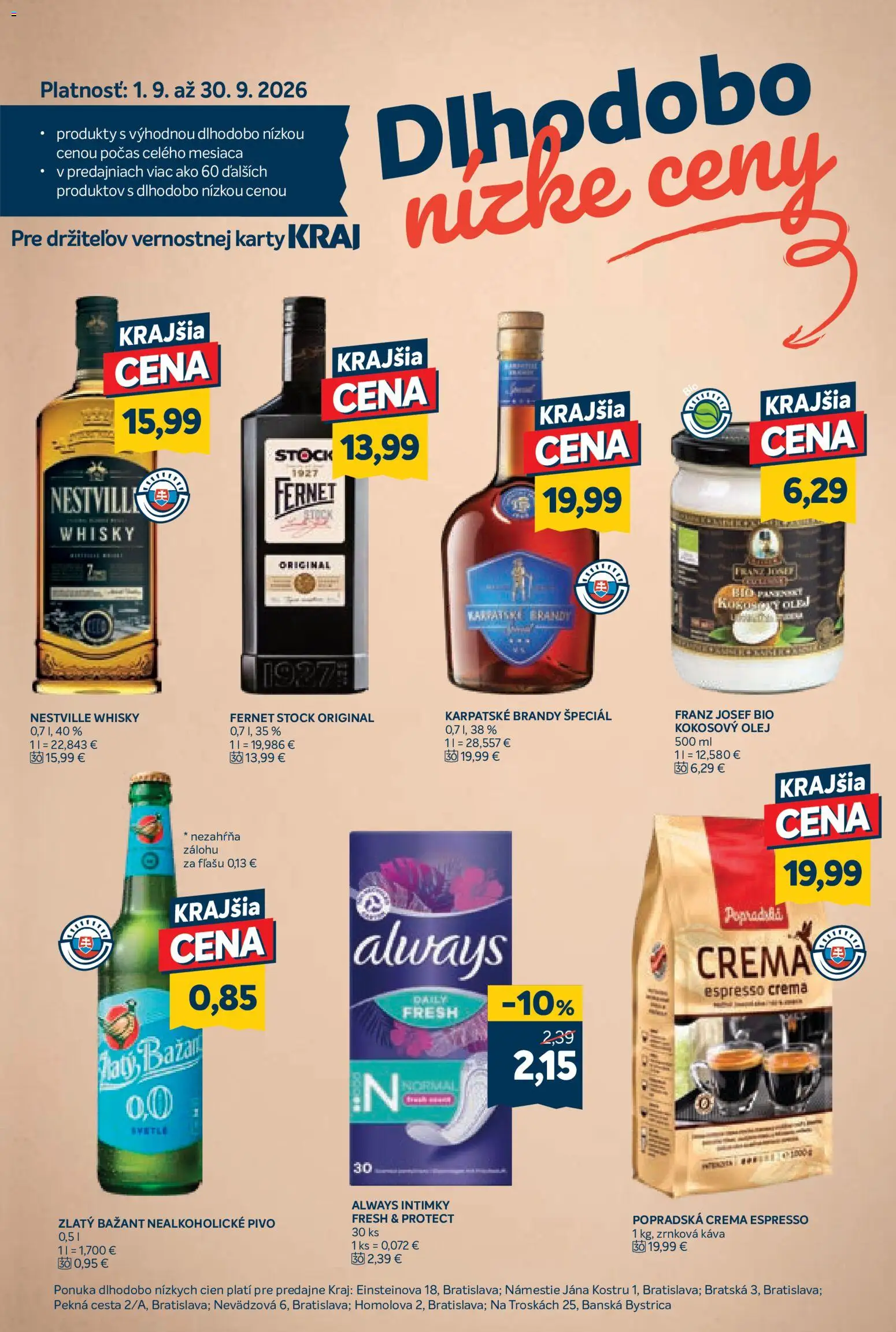 Nové Kraj akcie – leták je platný od 17.09.2026 | Strana: 15 | Produkty: Kokosový olej, Zlatý Bažant, Brandy, Fernet Stock