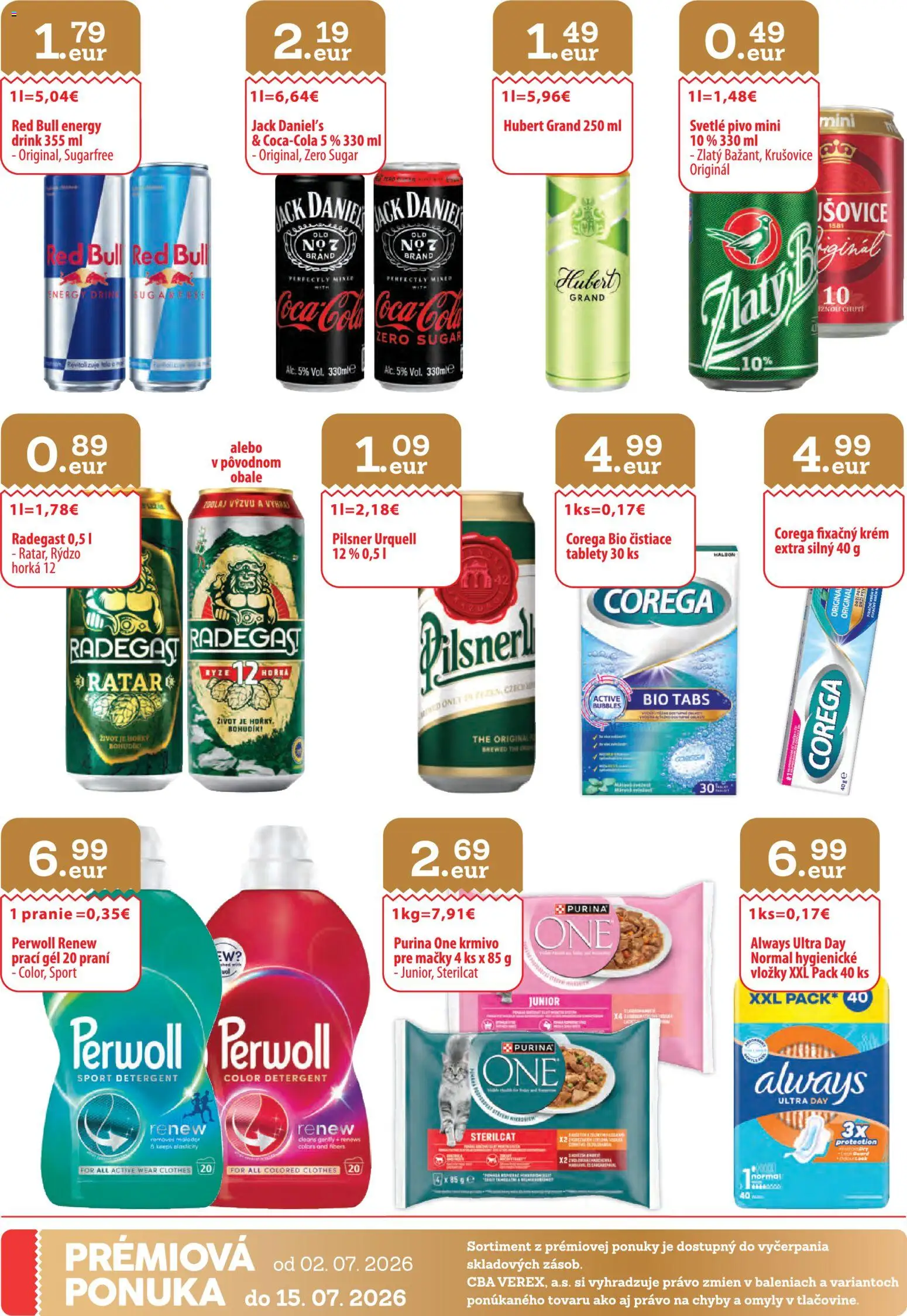 Nové CBA Verex akcie – leták je platný od 02.07.2026 | Strana: 32 | Produkty: Pilsner Urquell, Red Bull, Krušovice, Jack Daniel's
