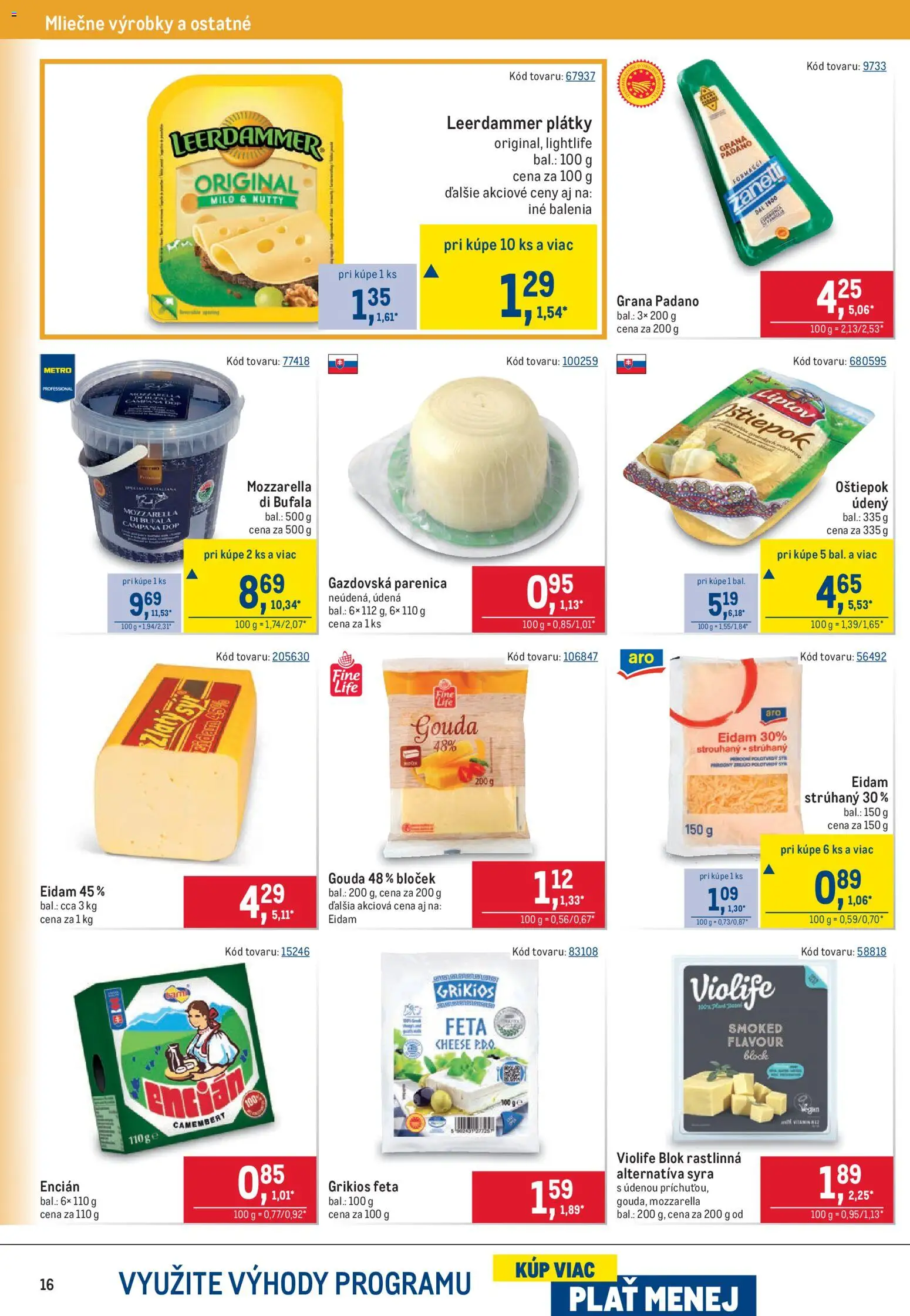 Nové Metro akcie – leták je platný od 12.08.2026 | Strana: 16 | Produkty: Eidam 45%, Gouda, Eidam, Grana Padano