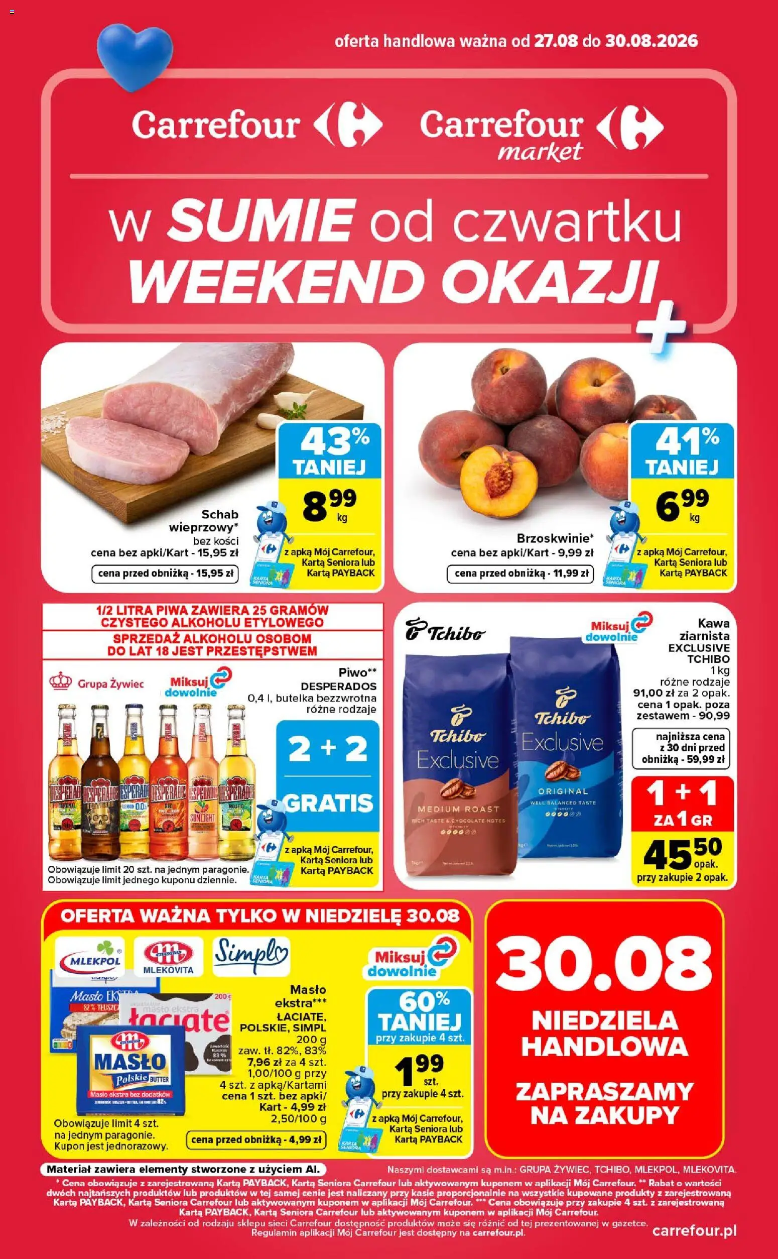 Carrefour gazetka - Weekend okazji od 27.08.2026 | Strona: 1 | Produkty: Karta, Tchibo, Masło, Desperados