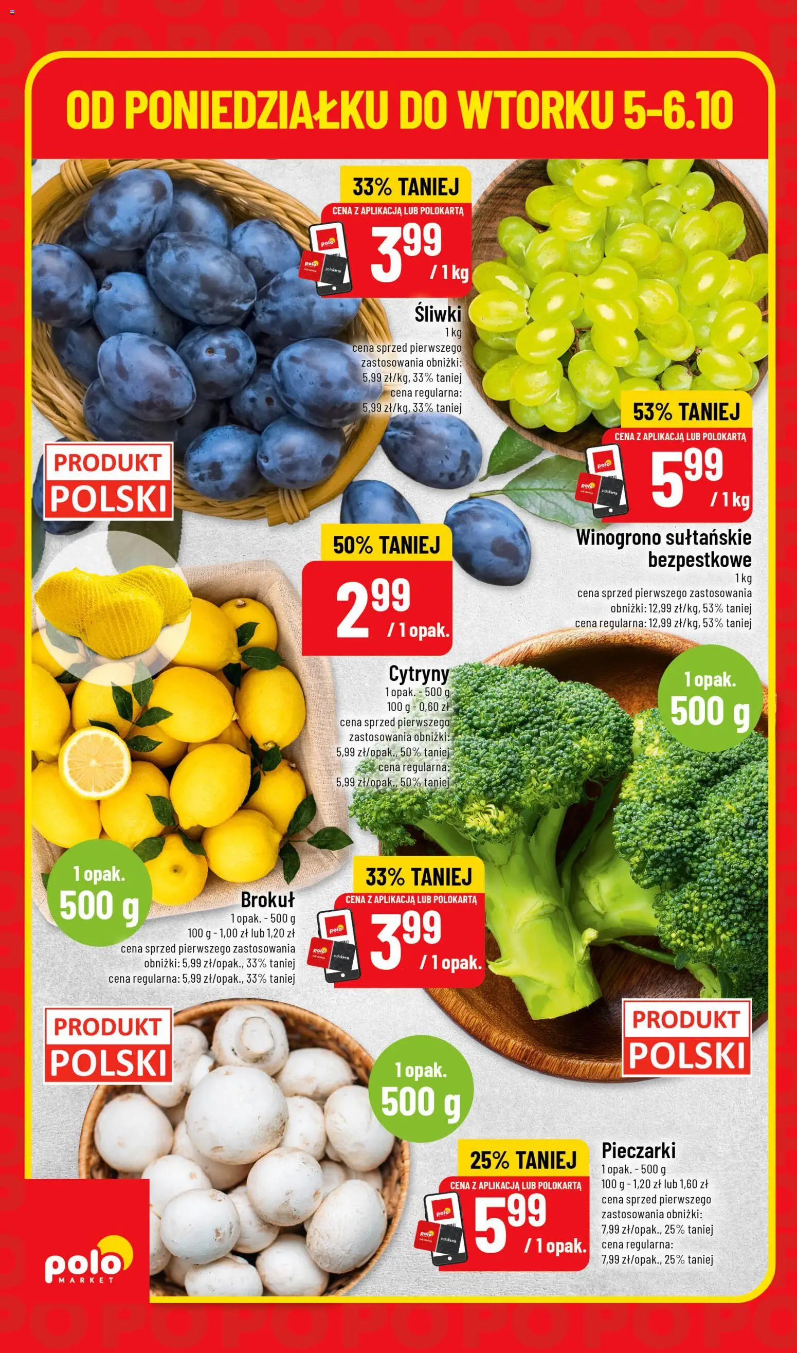 Nowa POLOmarket gazetka od jutra 05.10.2026 | Strona: 4 | Produkty: Winogrono, Pieczarki, Brokuł, Cytryny