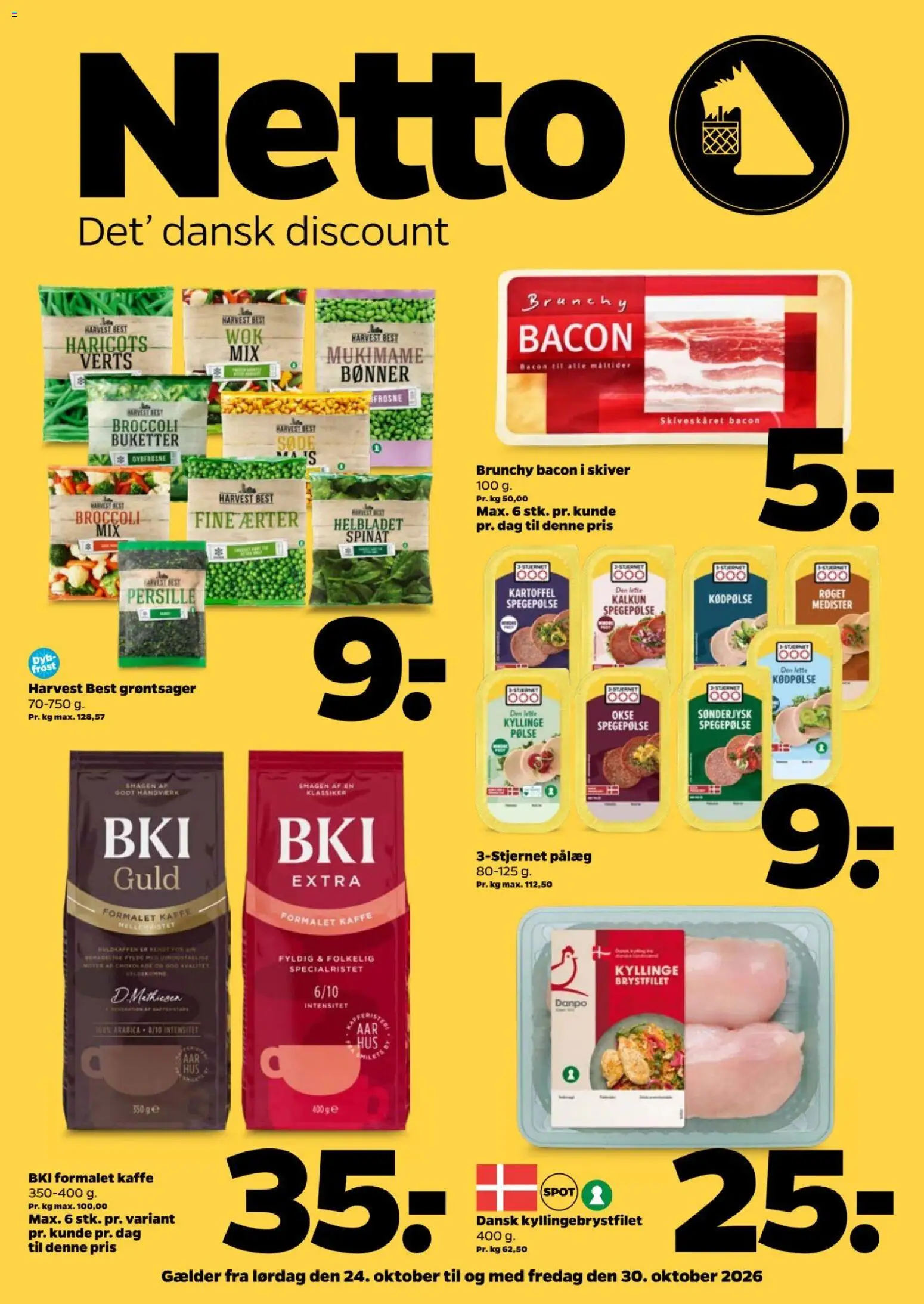 Netto tilbudsavis – gyldig fra 24/10/2026 | Side: 1 | Produkter: Spegepølse, Bønner, Bacon, Persille