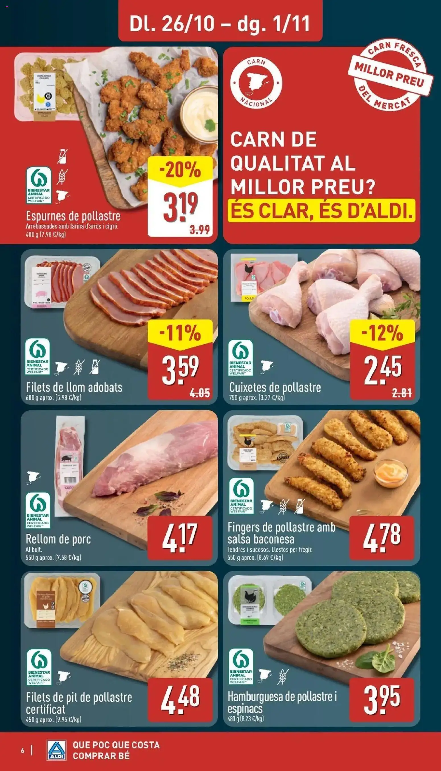Aldi - Qué poco cuesta comprar bien │ válido desde el 26/10/2026 | Página: 6 | Productos: Hamburguesa, Bacon, Pollo, Nuggets