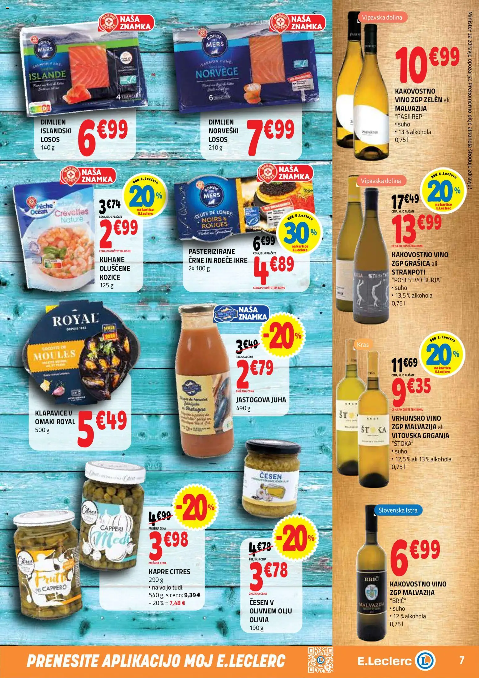 Novi E.leclerc katalog ponudbe – veljaven od 13.05.2026 | Stran: 7 | Izdelki: Kozice, Juha, Losos, Vino