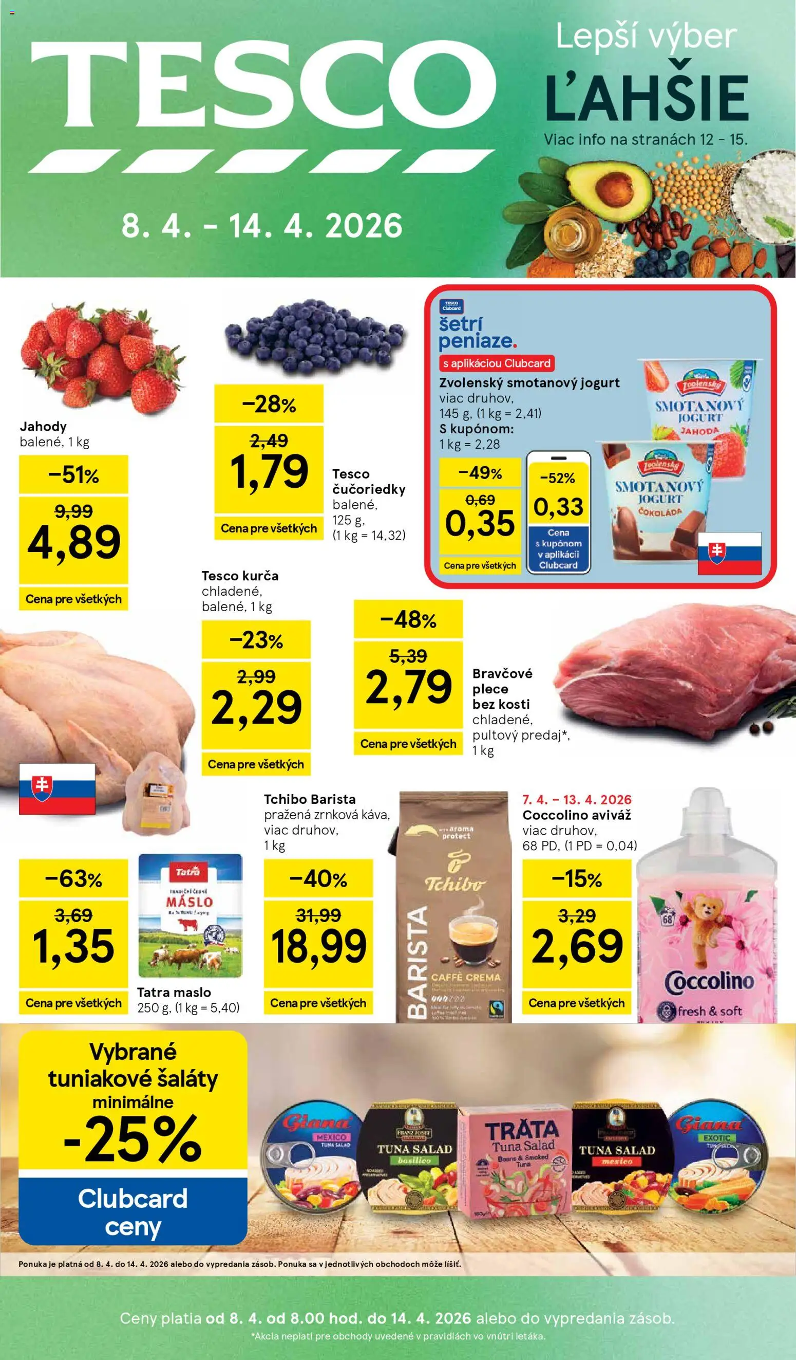 Nové Tesco akcie – leták je platný od 08.04.2026 | Strana: 1 | Produkty: Jogurt, Čokoláda, Kurča, Coccolino