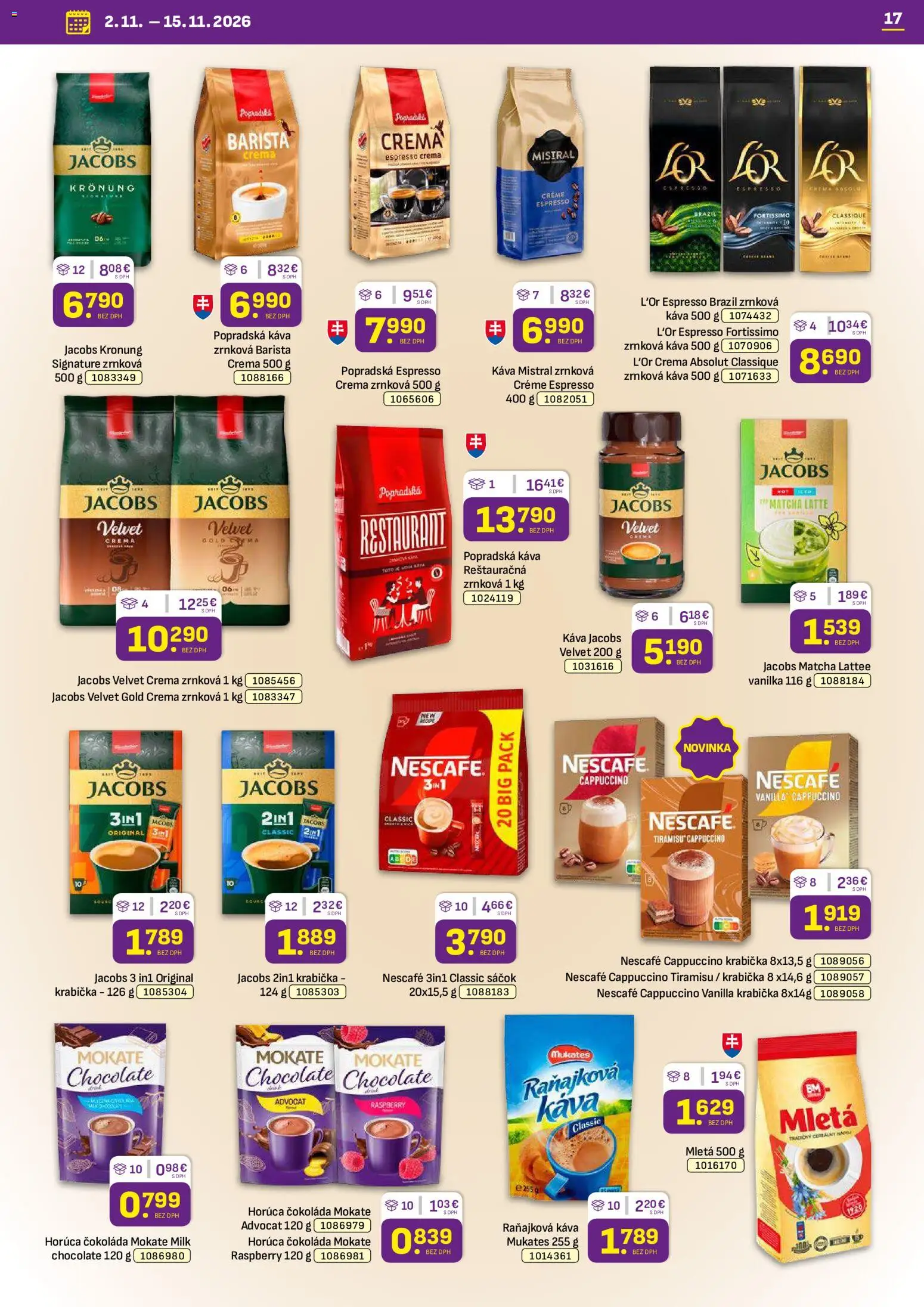 Nové Libex akcie – leták je platný od 02.11.2026 | Strana: 17 | Produkty: Jacobs Velvet, Káva, Jacobs Krönung, Čokoláda