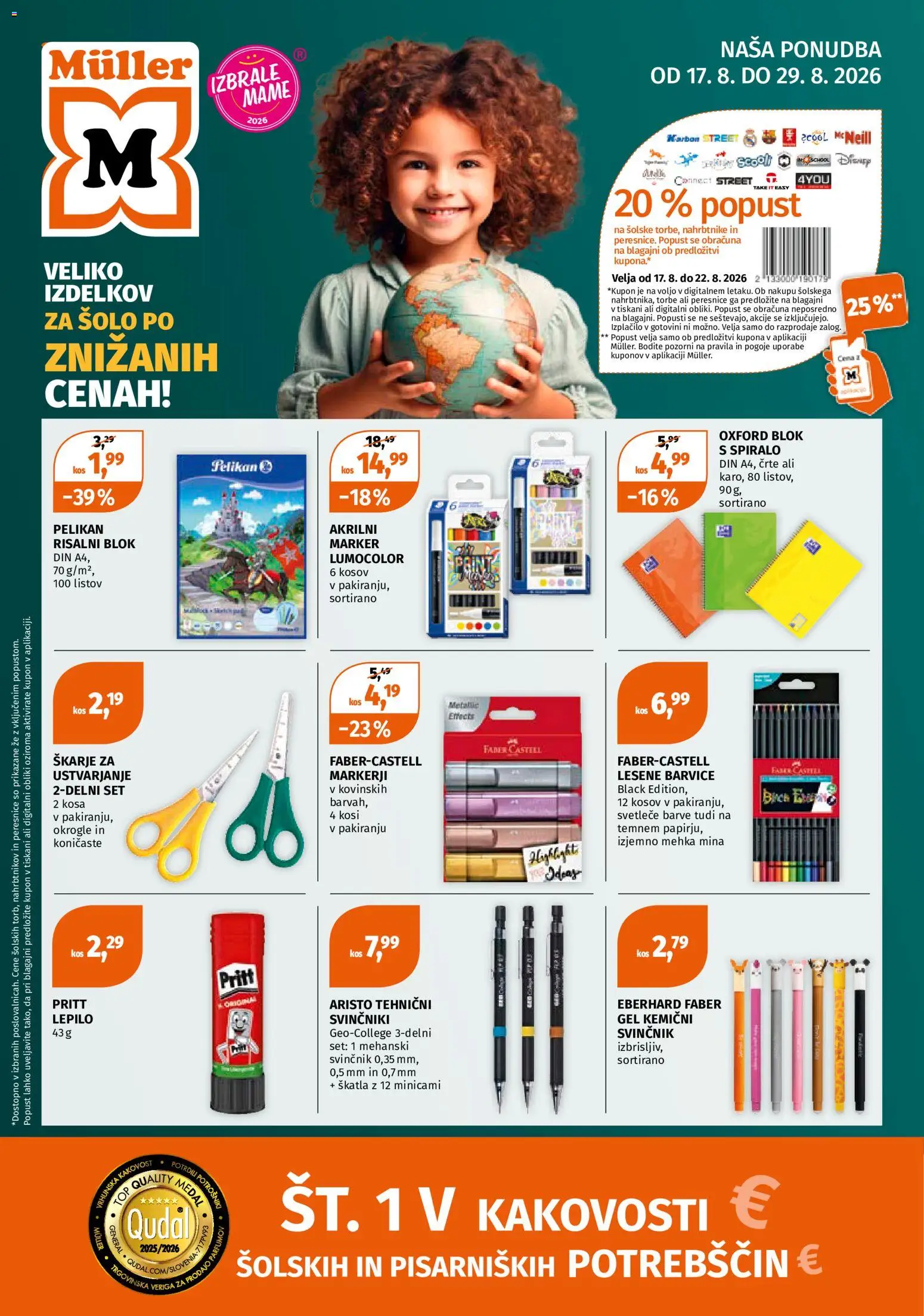 Novi Müller katalog ponudbe – veljaven od 17.08.2026 | Stran: 1 | Izdelki: Barvice, Skatla, Blok, Lepilo