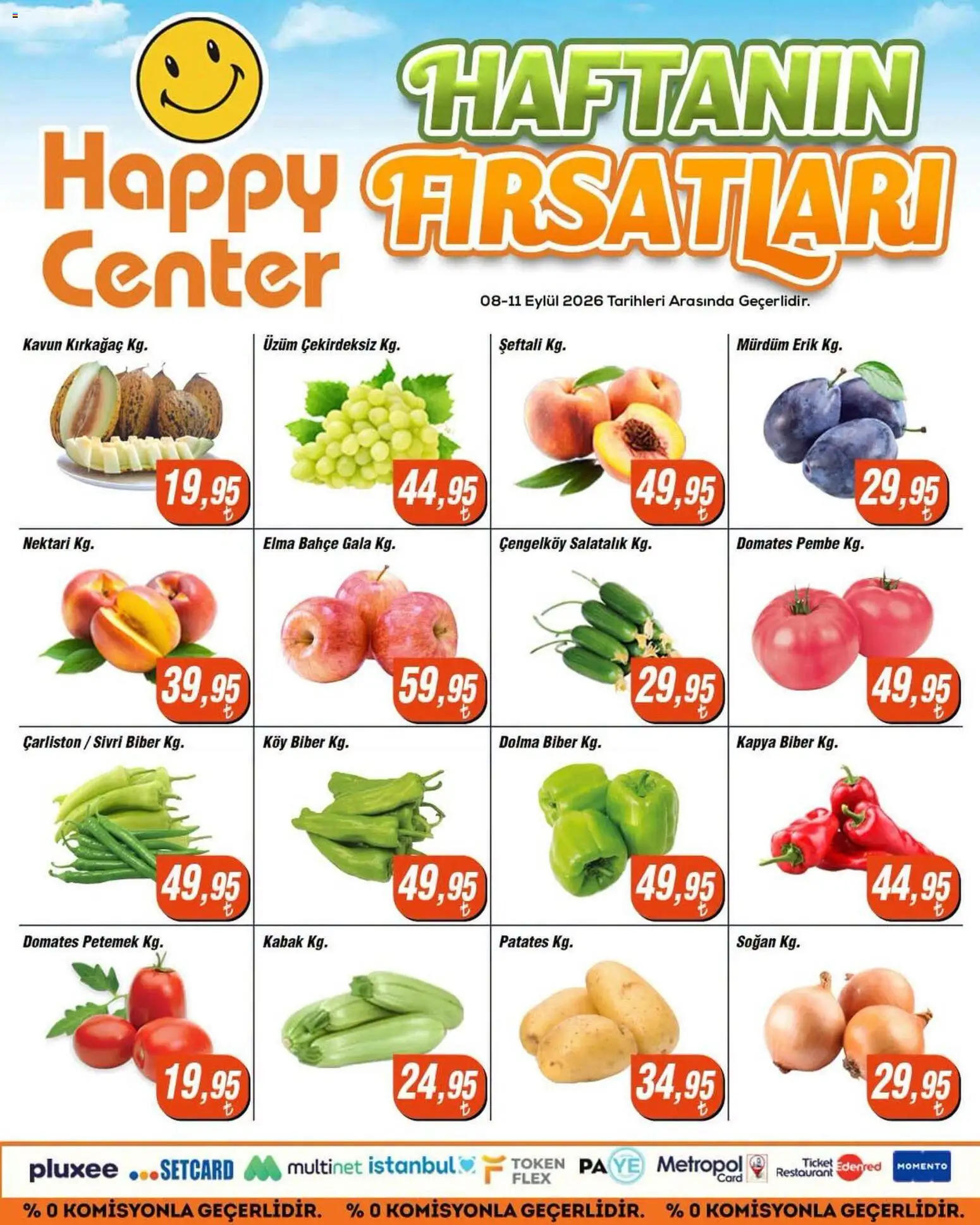 Happy Center - Manav - 08 Eylül 2026 tarihinden itibaren geçerlidir | Sayfa: 1 | Ürünler: Kabak, Elma, Patates, Biber
