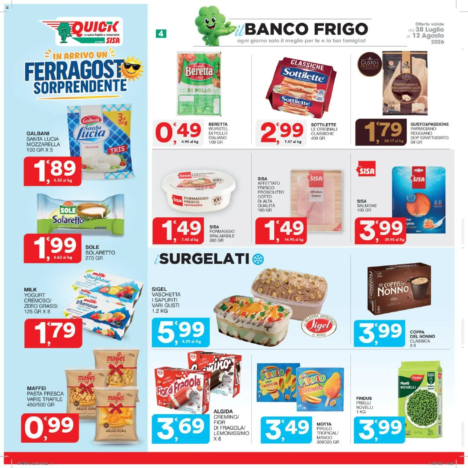 Volantino SISA del 30/07/2026 | Pagina: 4 | Prodotti: Formaggio, Prosciutto, Pasta, Parmigiano