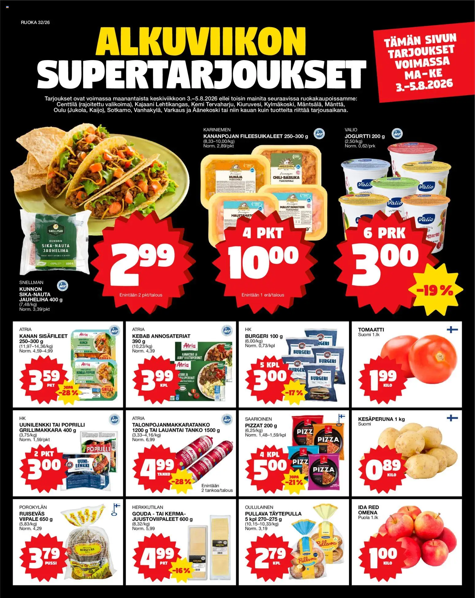 Tokmanni ruokatarjoukset – voimassa 03/08/2026 alkaen | Sivu: 1 | Tuotteet: Makkara, Jogurtti, Pizza, Grillimakkara