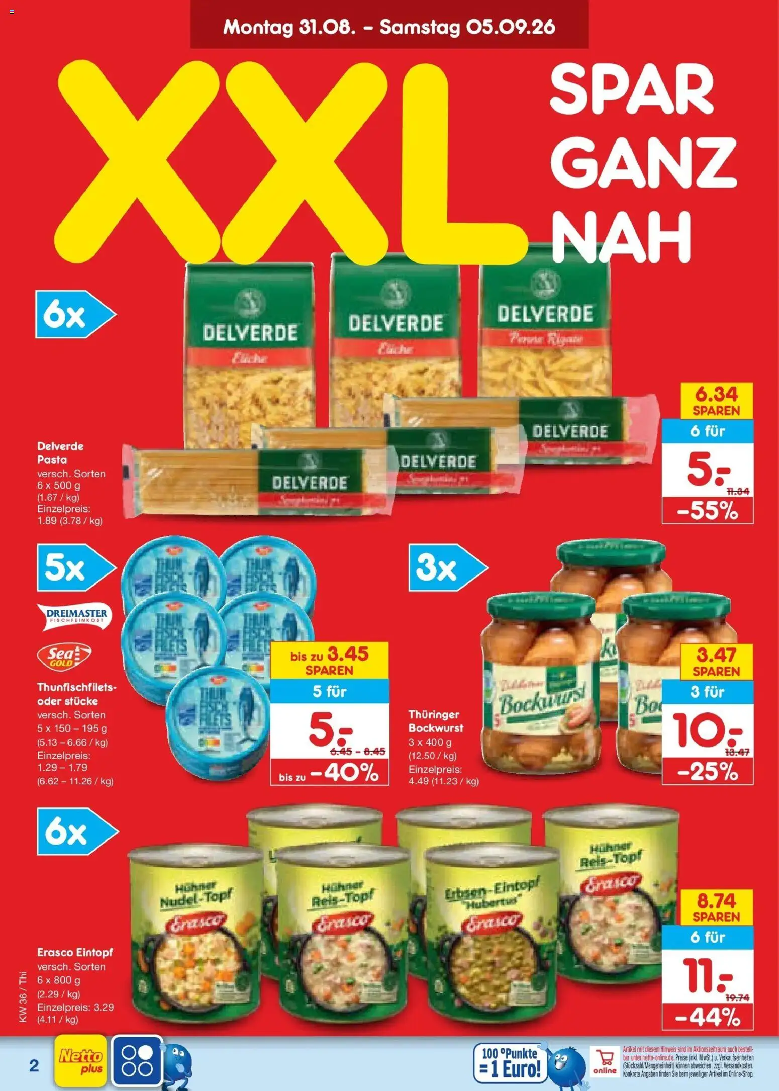 Netto Marken-Discount Prospekt Pirna (ab 31.08.2026) » Angebote | Seite: 4 | Produkte: Bockwurst, Pasta, Erasco