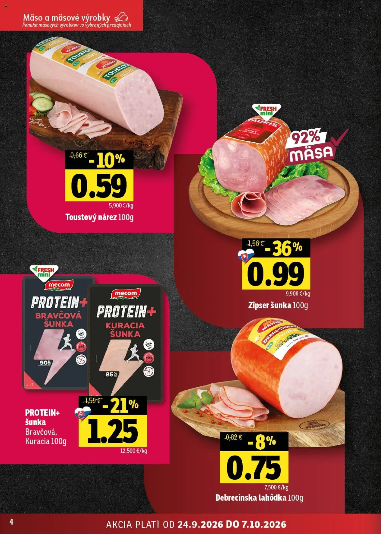 Nové Fresh akcie – leták je platný od 24.09.2026 | Strana: 4 | Produkty: Šunka, Protein, Mäso, Kuracia šunka